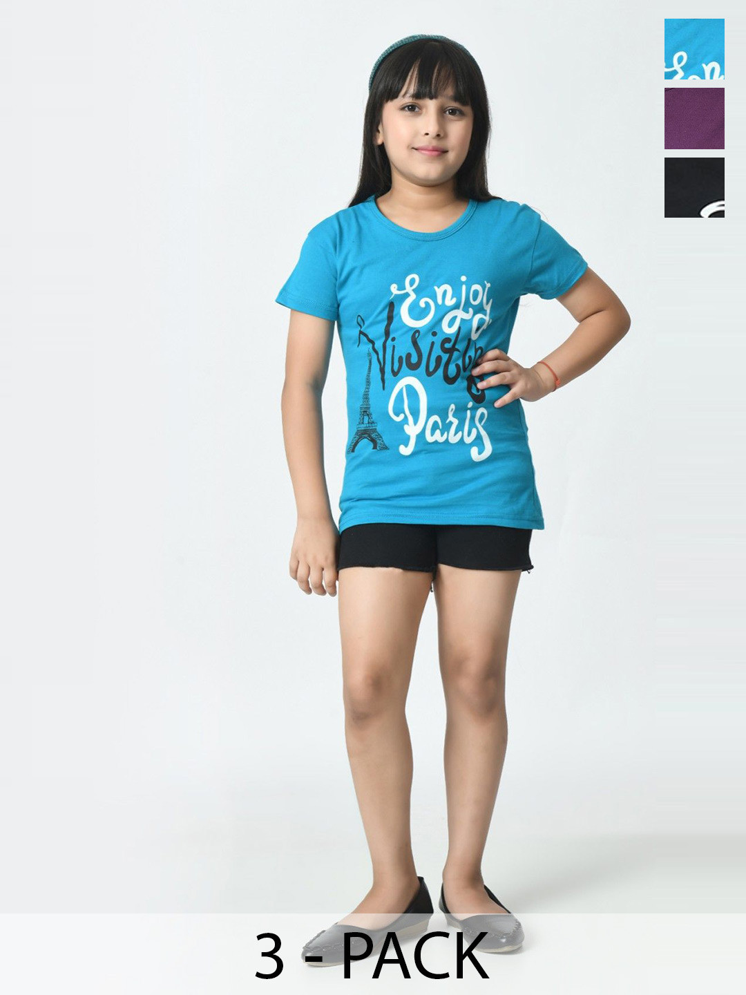 BAESD Girls Pack Of 3 Typography Printed Half Sleeves Slim Fit Pure Cotton T-shirt