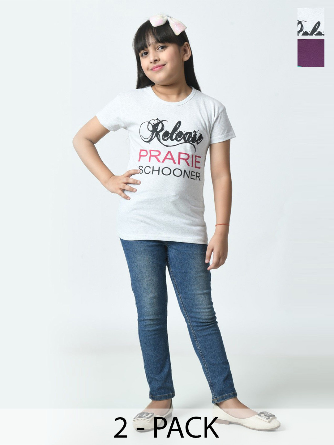 BAESD Girls Pack Of 2 Typography Printed Half Sleeves Slim Fit Pure Cotton T-shirt