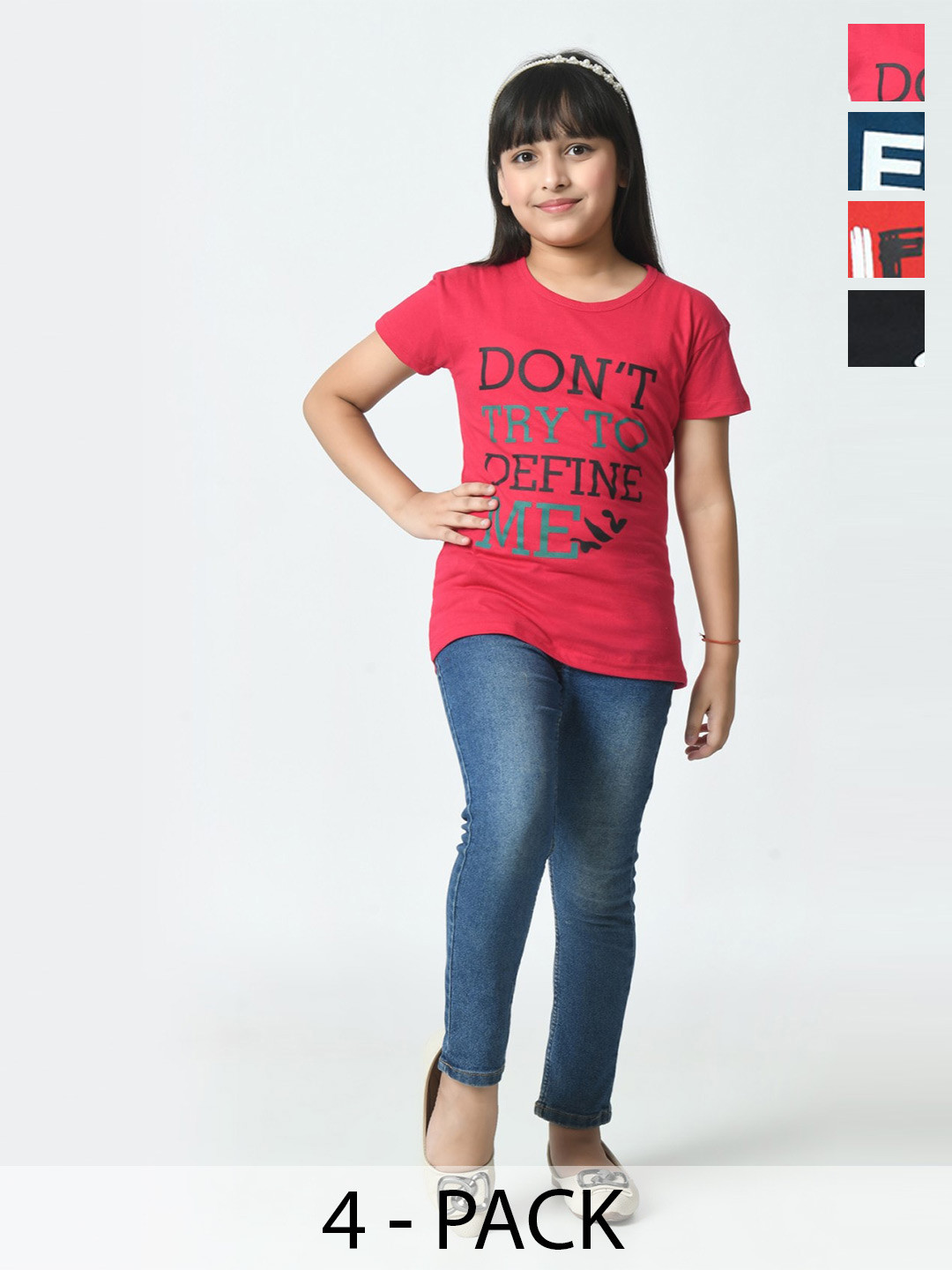 BAESD Girls Pack Of 4 Typography Printed Half Sleeves Slim Fit Pure Cotton T-shirt