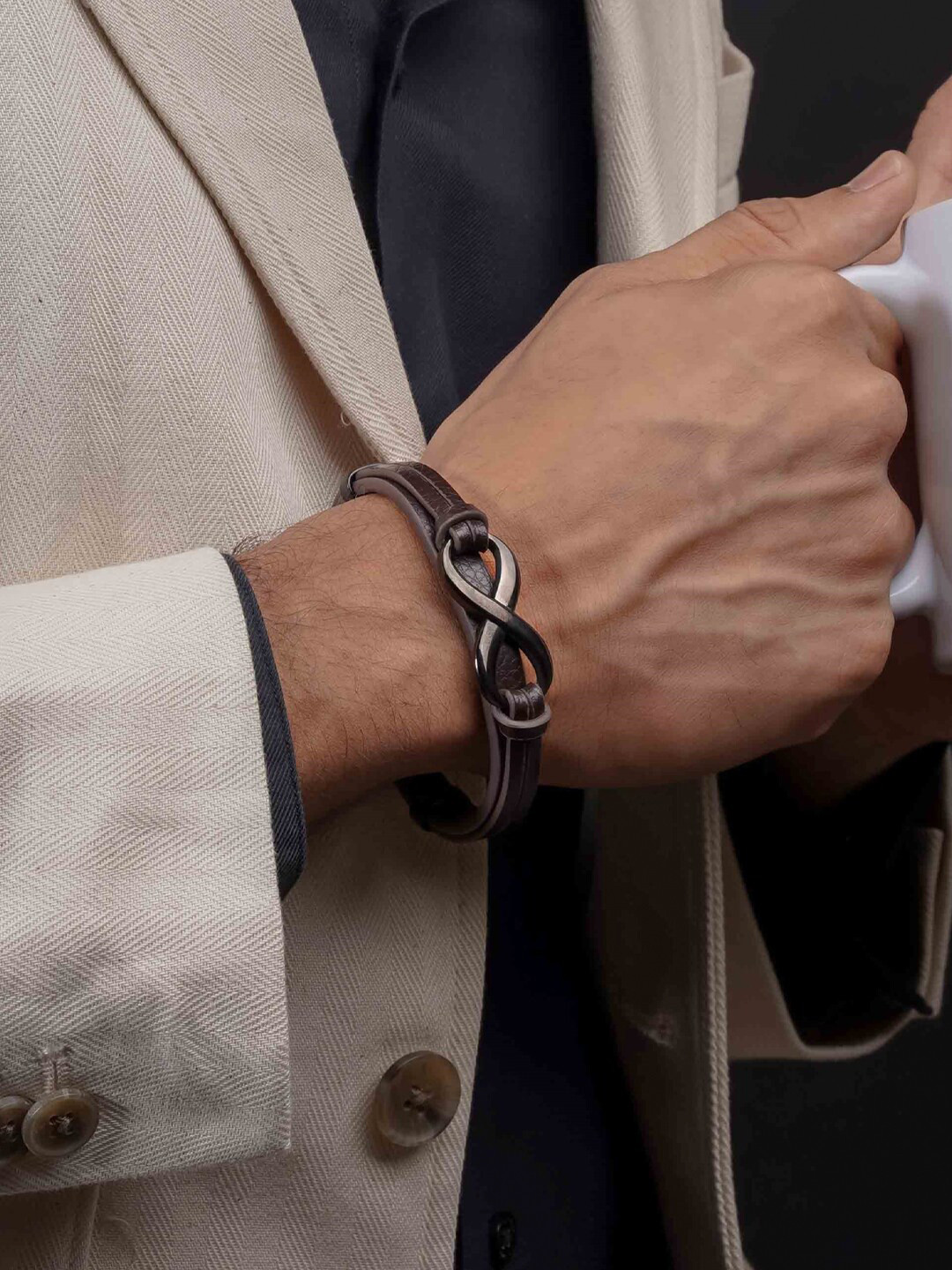 SWASHAA Men Leather Rhodium-Plated Wraparound Bracelet