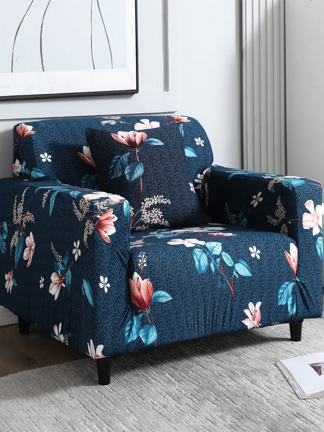 B BESTILO Blue & White Printed Polyester 1 Piece Sofa Cover With Arms