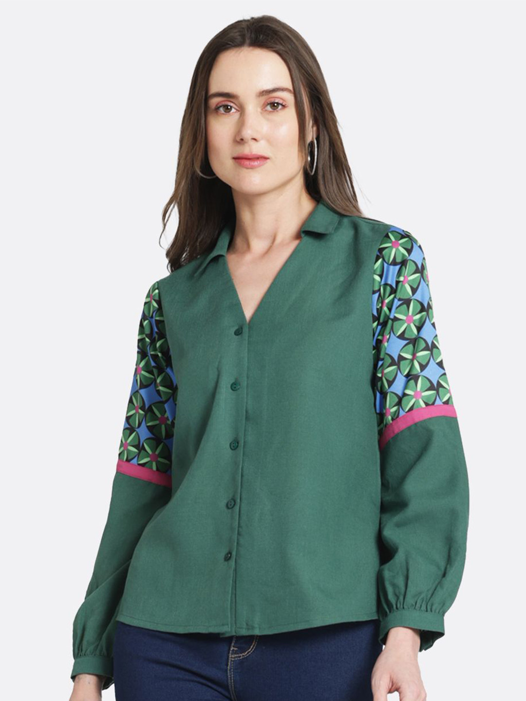 SHAYE Women Printed Shirt Collar Style Top