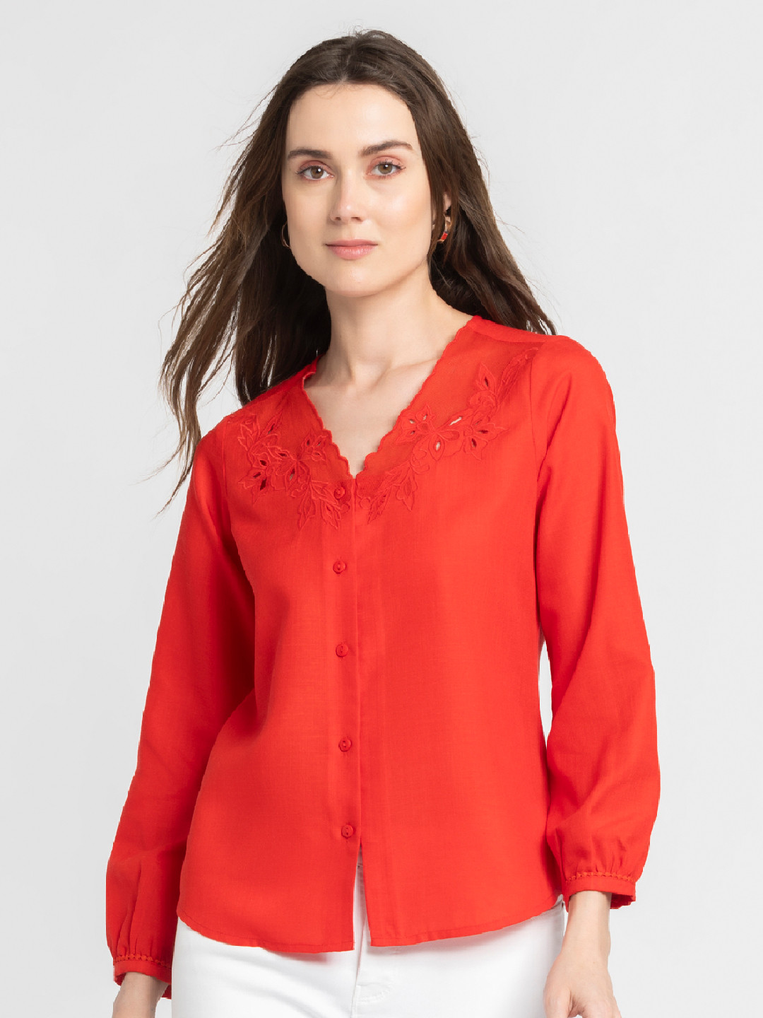 SHAYE Floral Self Design Cuffed Sleeves Shirt Style Top
