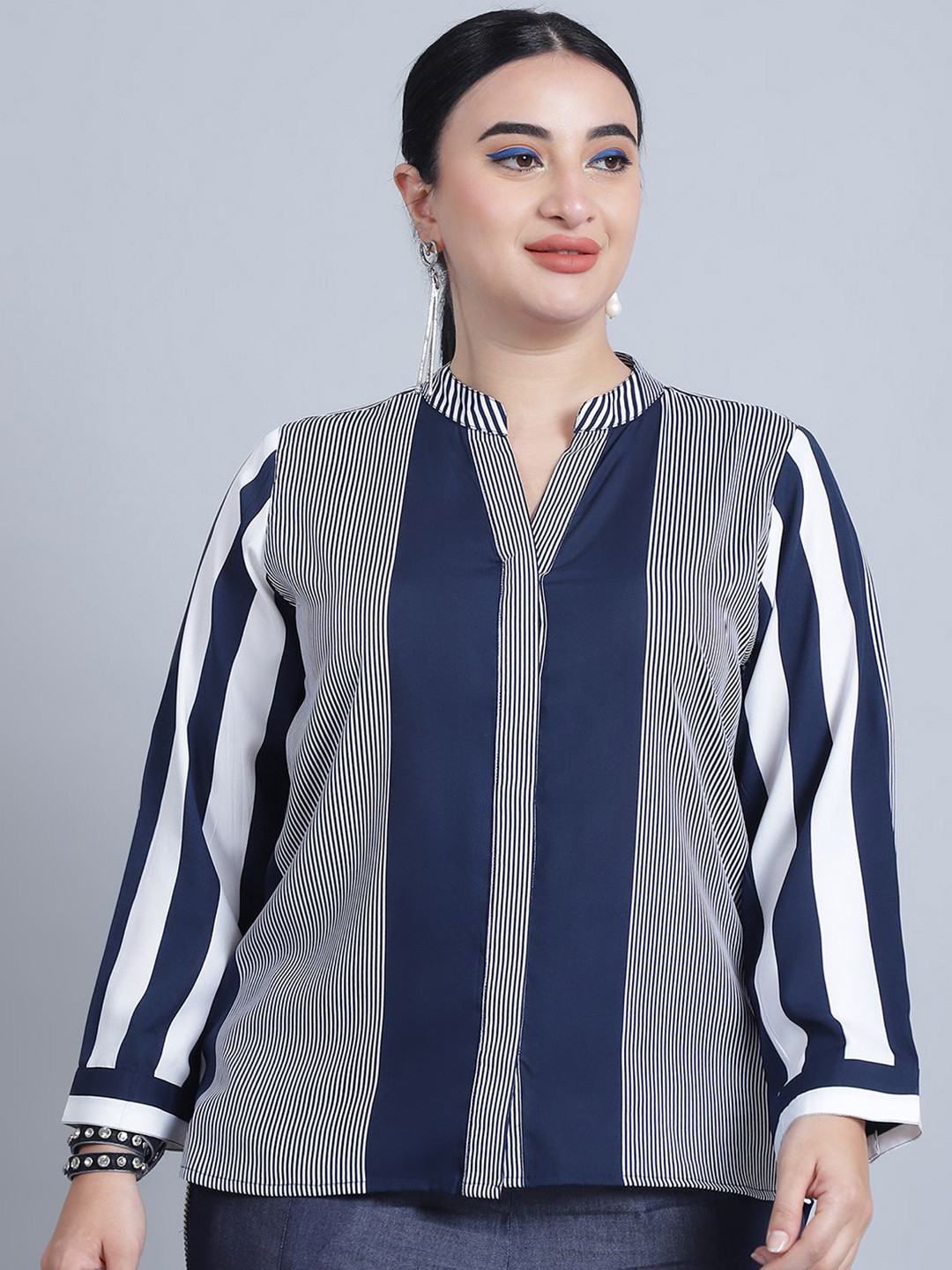 Baawri Striped Mandarin Collar Shirt Style Top