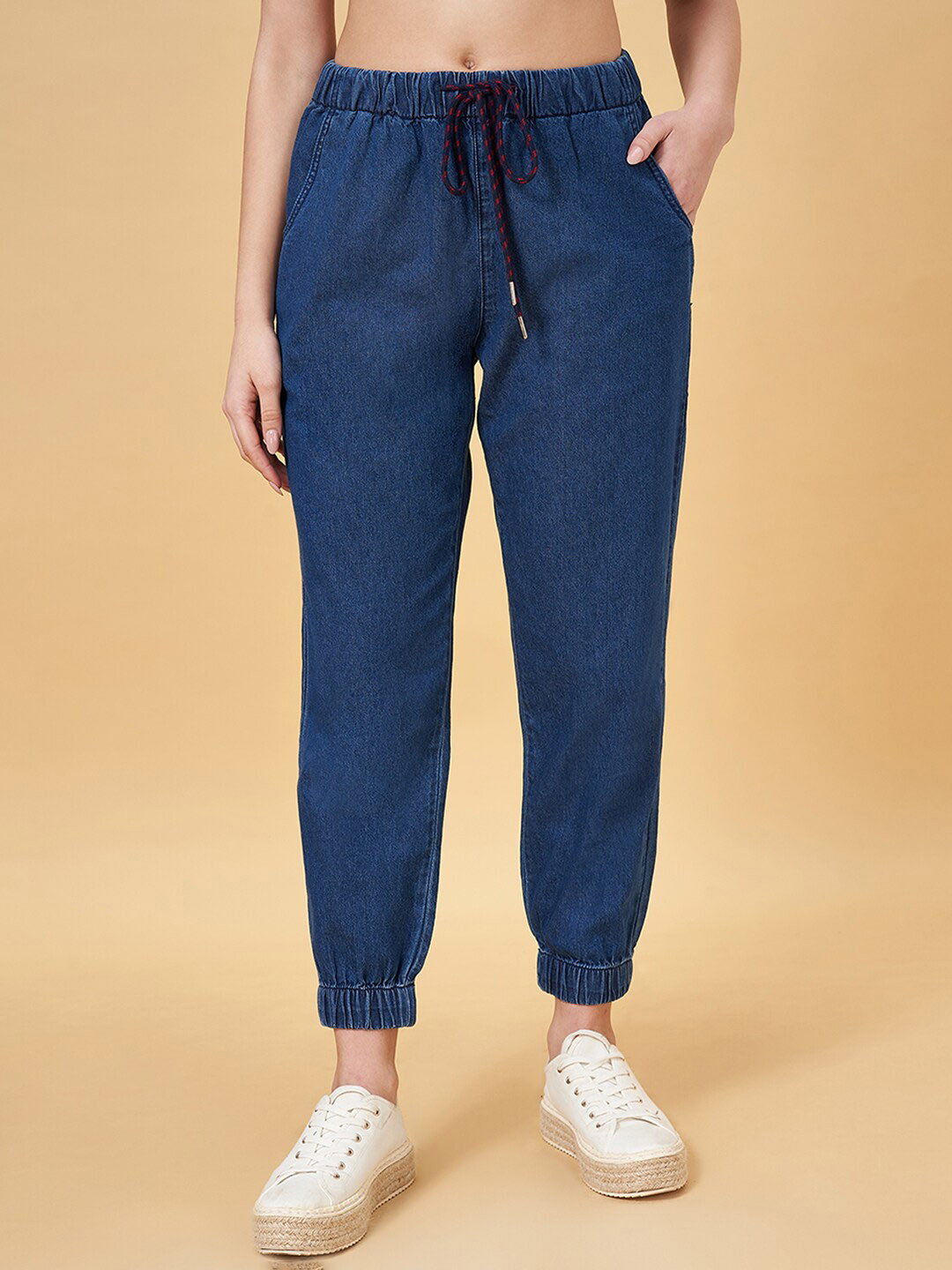 People Women Jogger Mid Rise Cotton Jeans