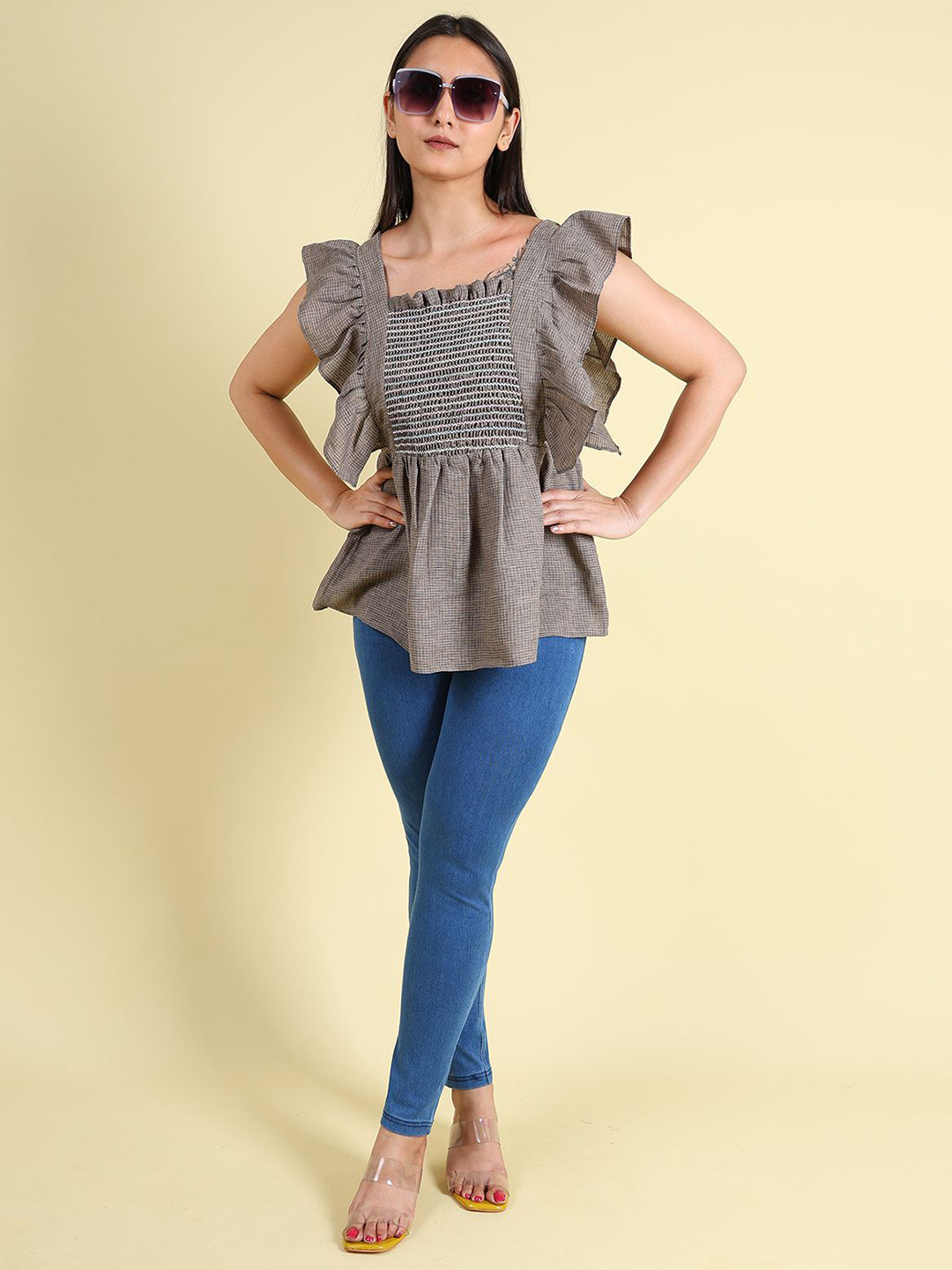 GRANTH FASHION Women Sleeveless Checkered Flutter Sleeve Peplum Top