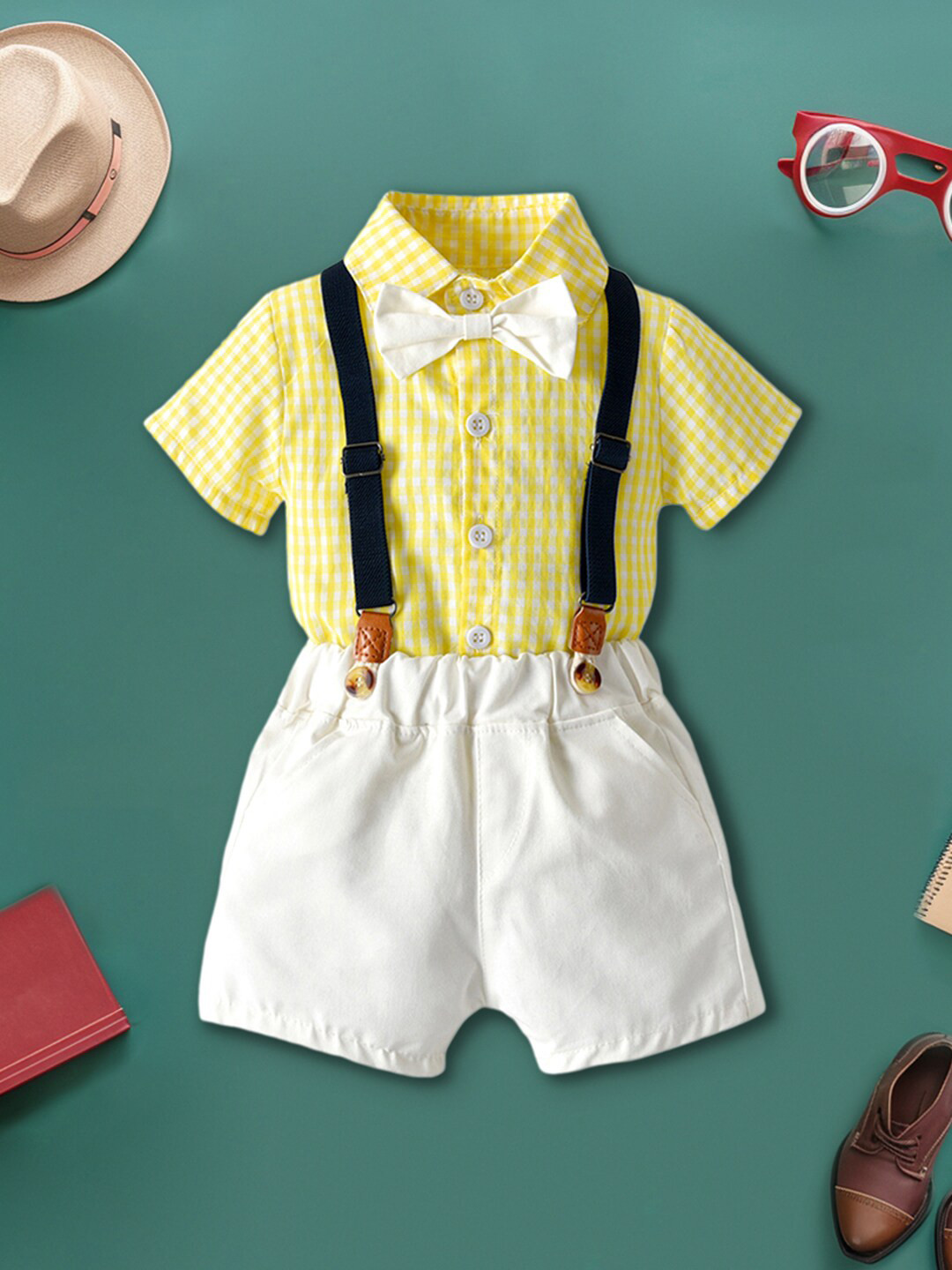 INCLUD Boys Checked Shirt with Shorts & Suspenders