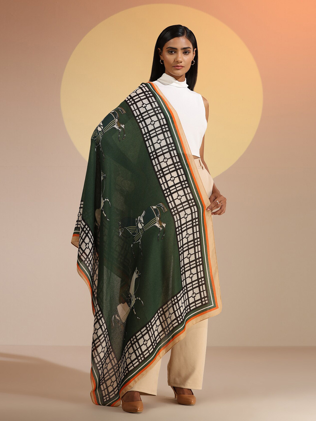 DUSALA INDIA Women Printed Green and White Scarf