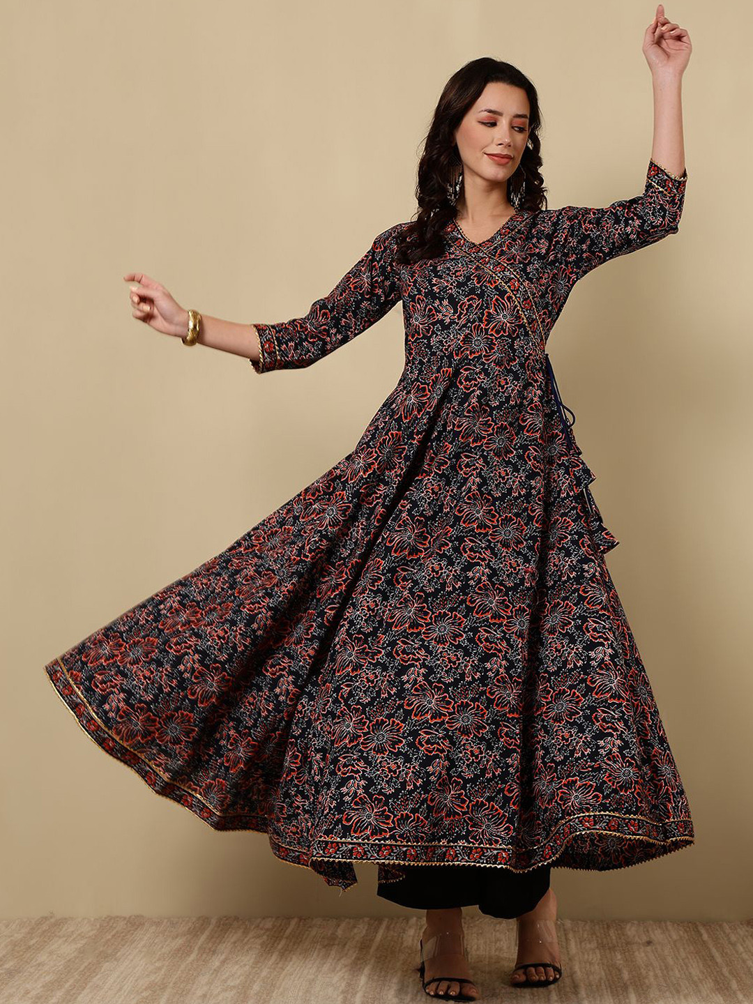 WOMENCLICK Women Floral Printed Flared Sleeves Thread Work Floral Anarkali Kurta