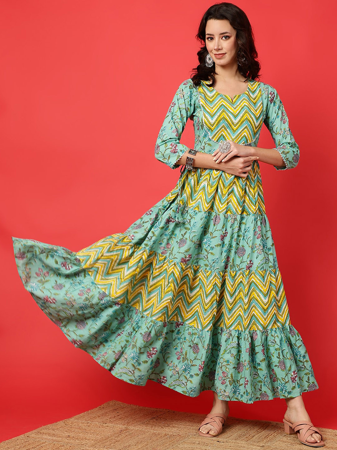 WOMENCLICK Women Chevron Printed Flared Sleeves Floral Kurta