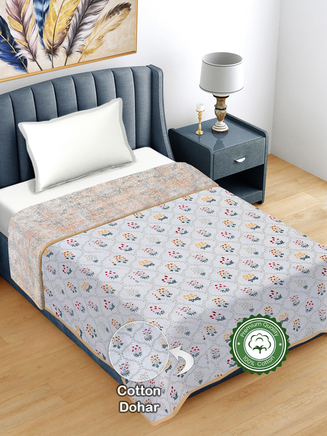 FABINALIV Multicolor Floral Print Reversible AC Room 300 GSM Pure Cotton Single Bed Dohar