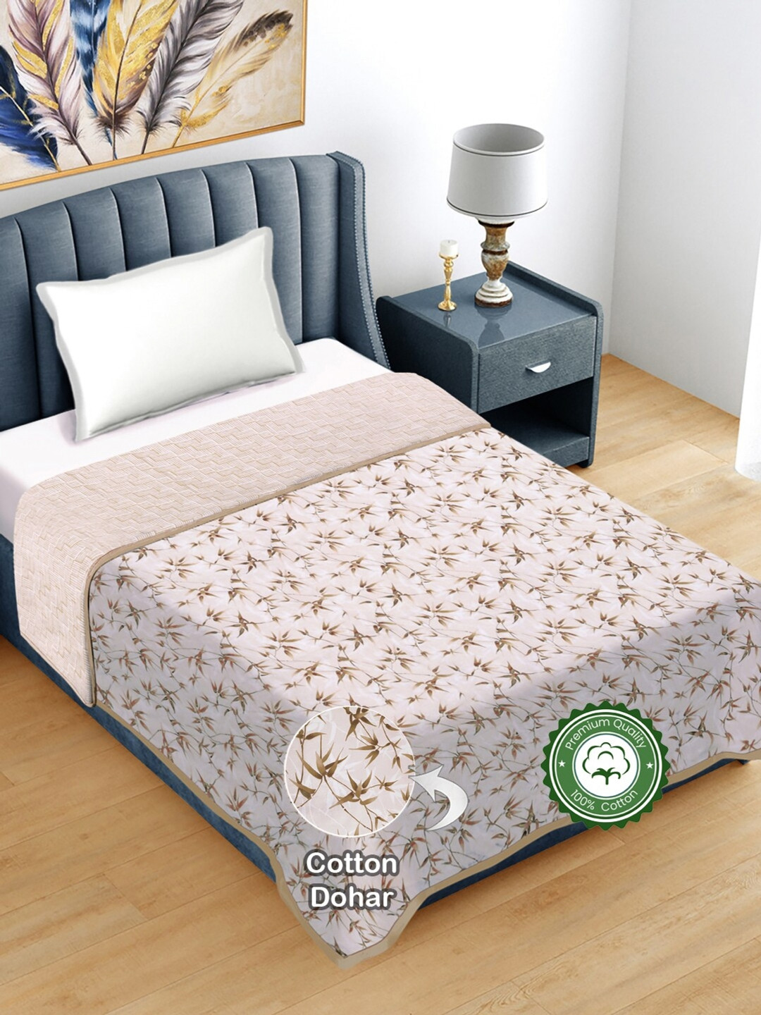FABINALIV Brown Floral Print Reversible AC Room 300 GSM Pure Cotton Single Bed Dohar