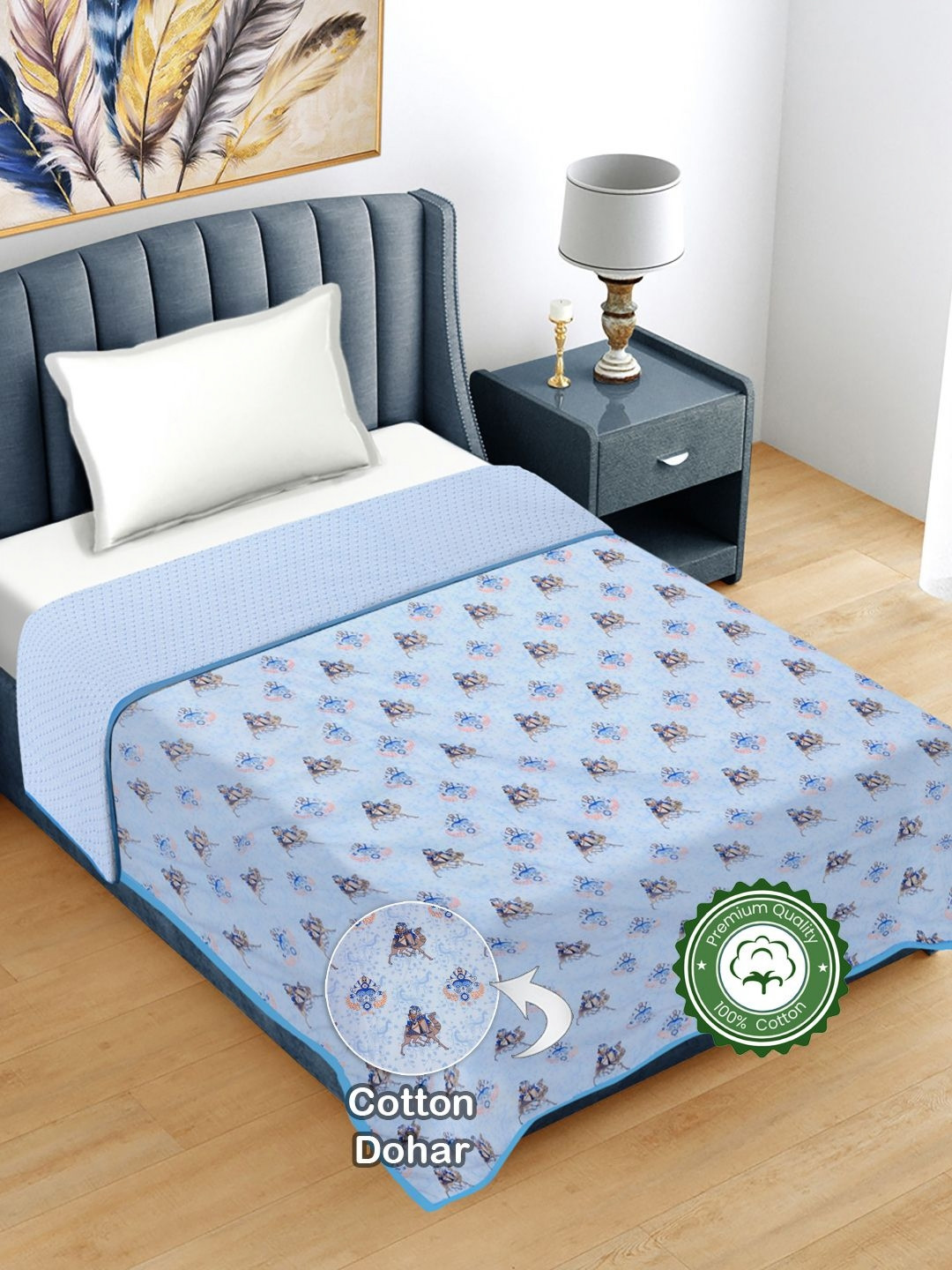 FABINALIV Blue Ethnic Print Reversible AC Room 300 GSM Pure Cotton Single Bed Dohar