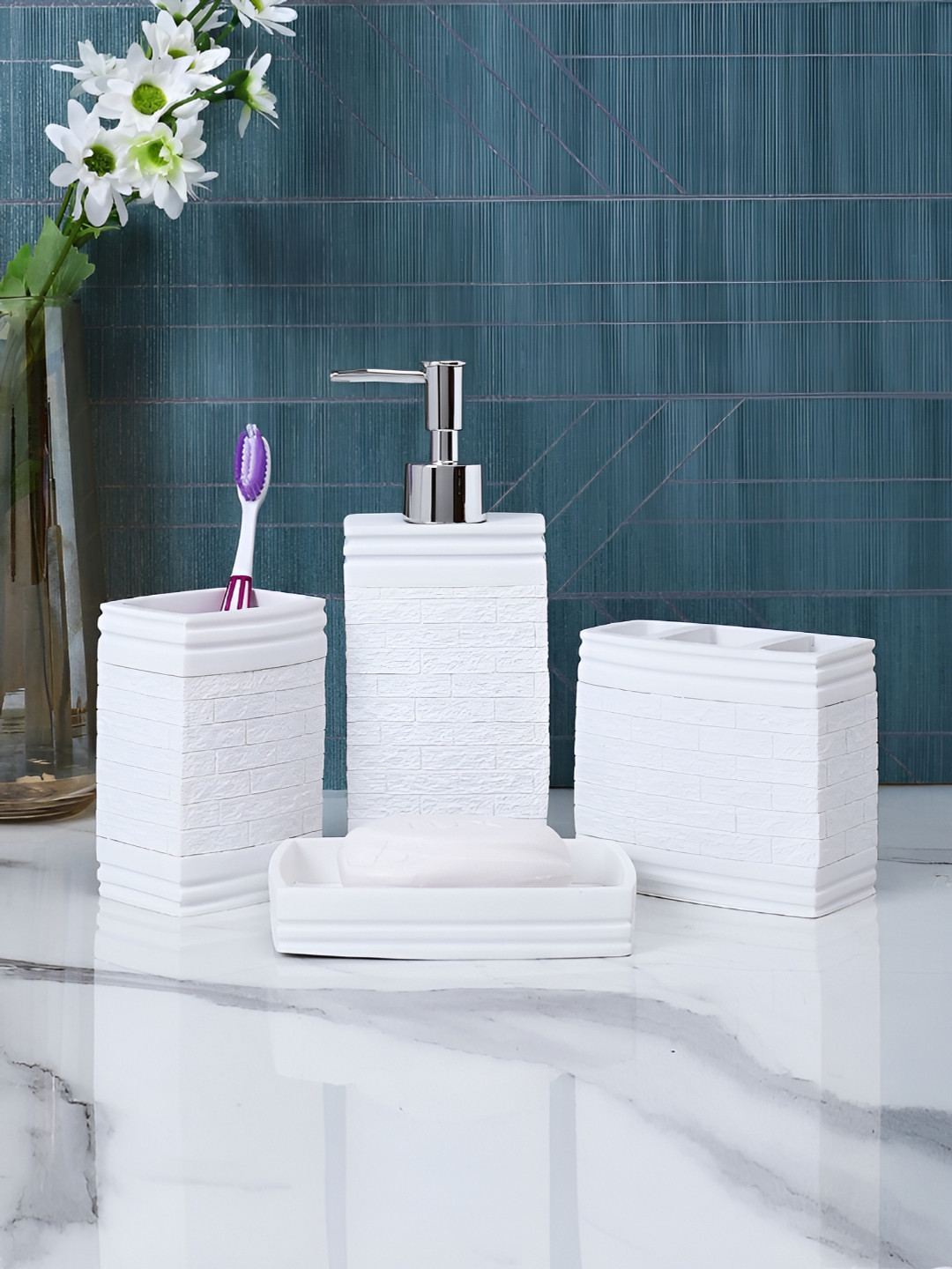 Aura White 4 piece Geometric Resin Bath Accessories Set