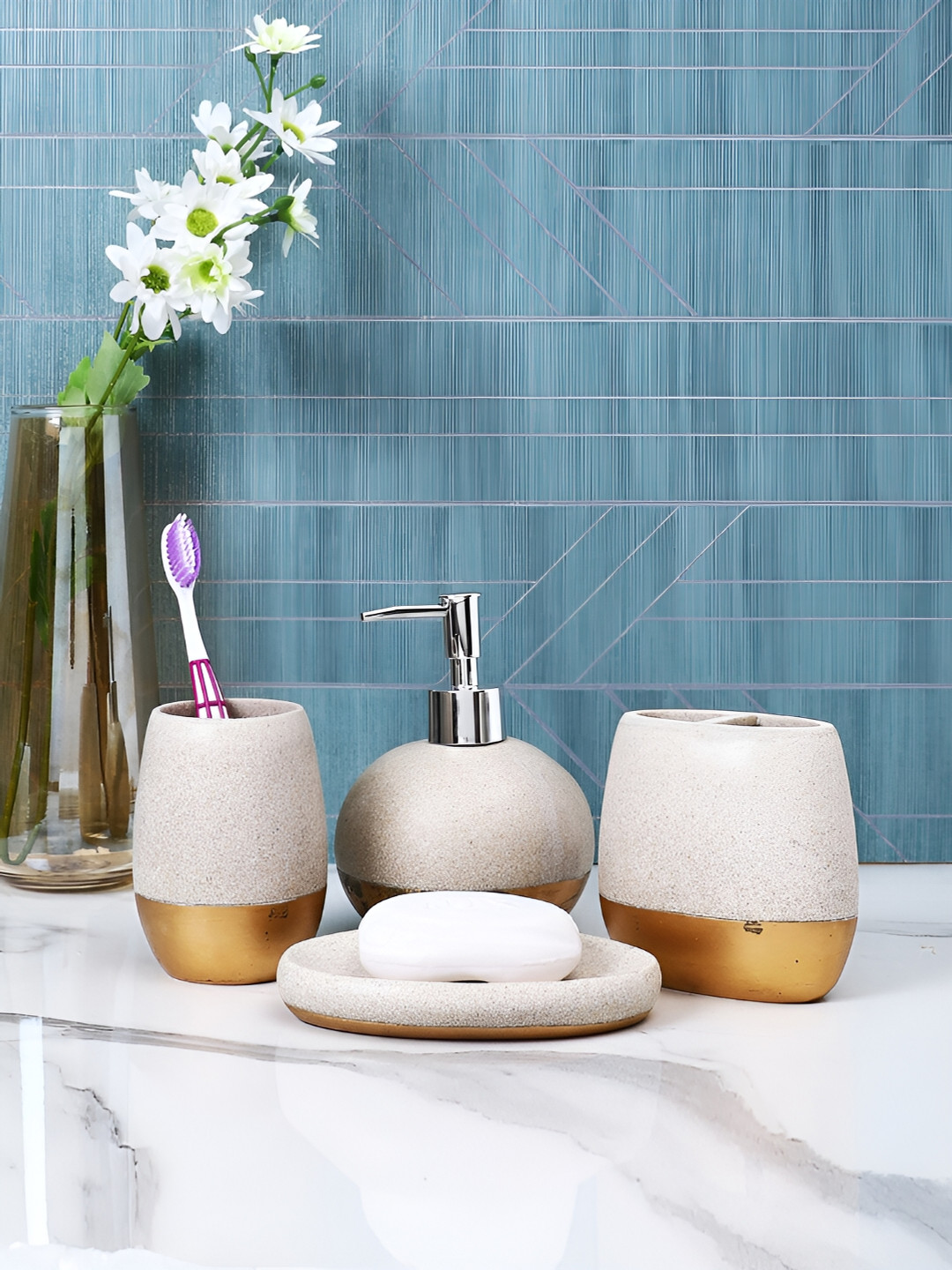 Aura Cream-Coloured & Gold-Toned 4 piece Solid Resin Bath Accessories Set
