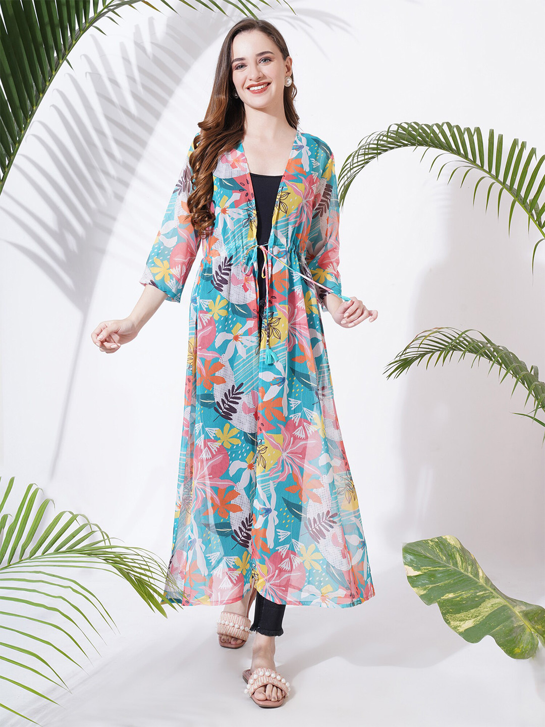 Fbella Women Floral Printed Tasselled Longline Tie-Up Shrug