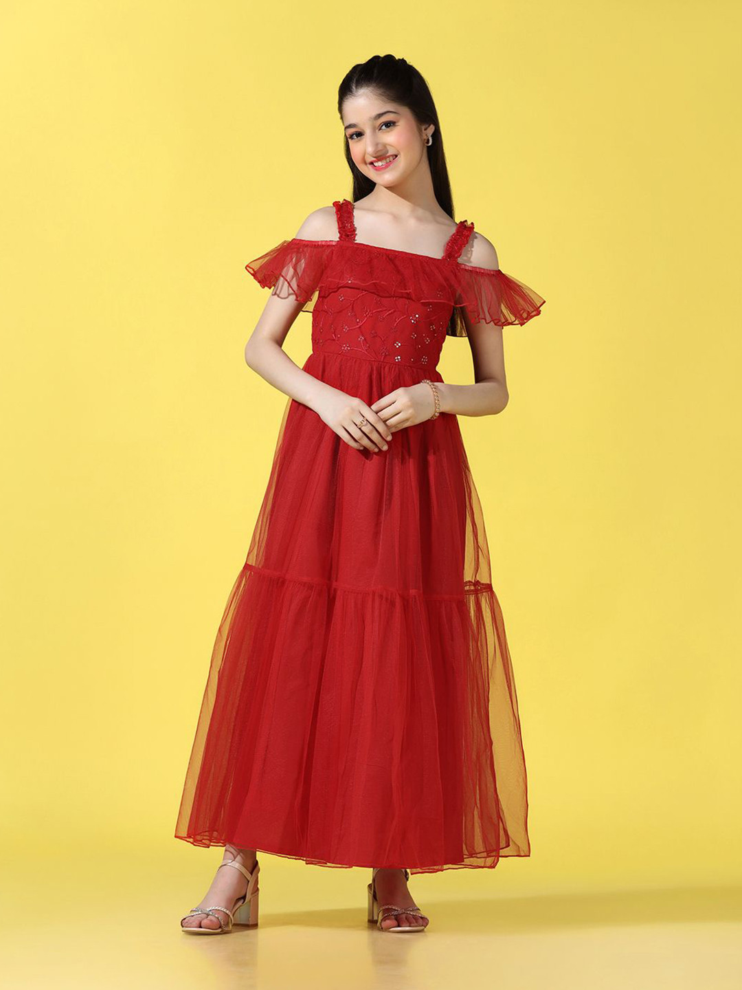 Cherry & Jerry Cold-Shoulder Net Maxi Dress