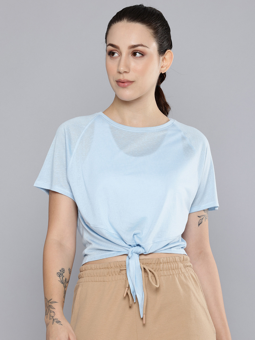 Decathlon STAREVER - Women Blue Raglan Sleeve With Tie-Up Detail Relaxed Fit T-Shirt