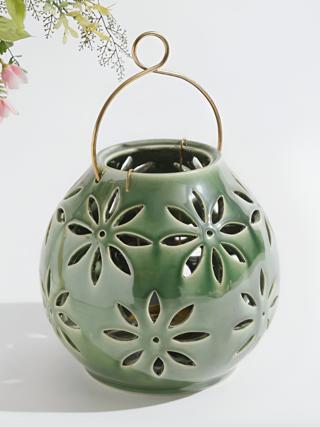 Fabindia Green Textured Ceramic Spherical Table Lamp