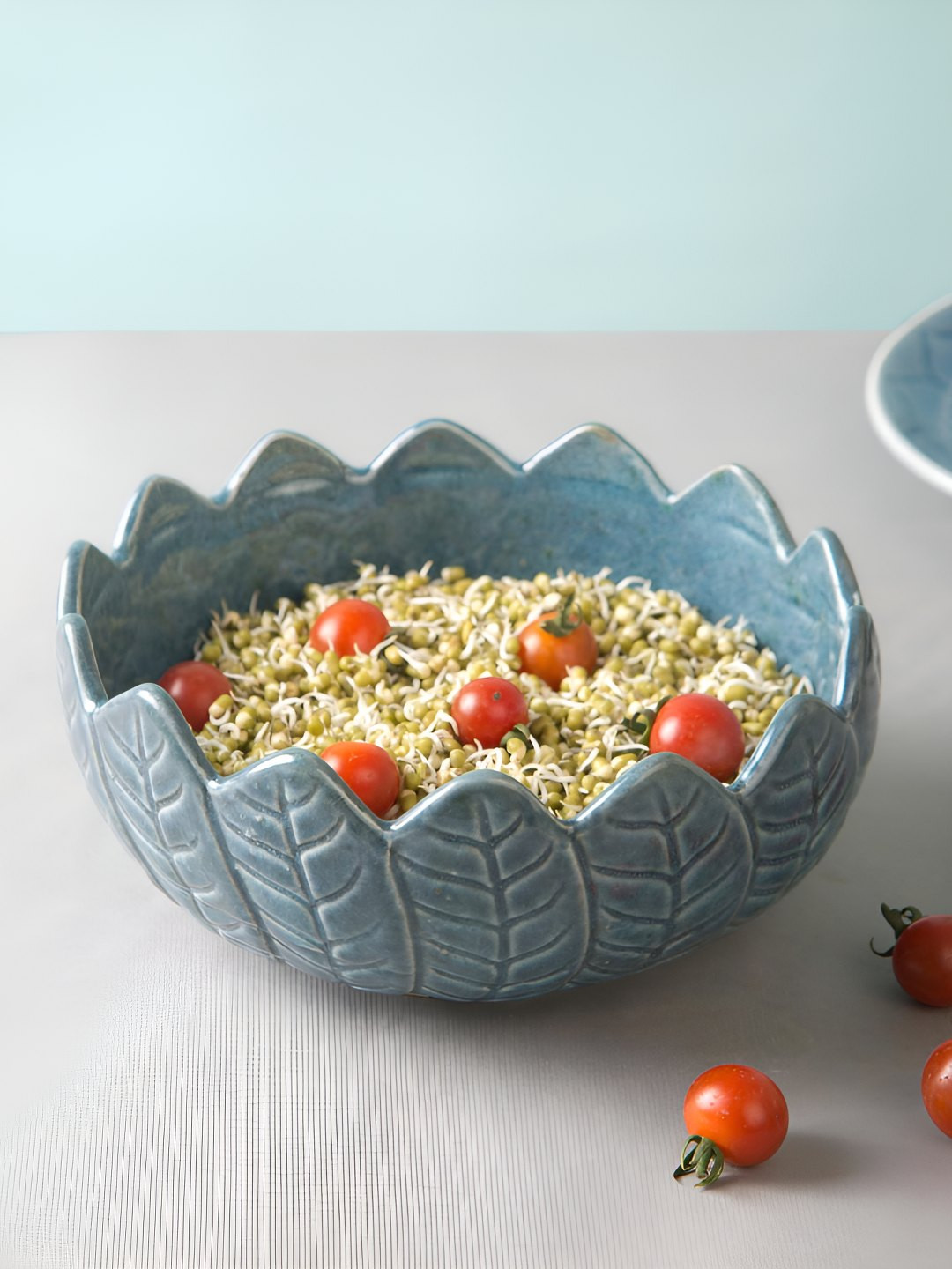 Fabindia Embossed Ahan Teal Blue Glossy Textured Large Serving Bowl