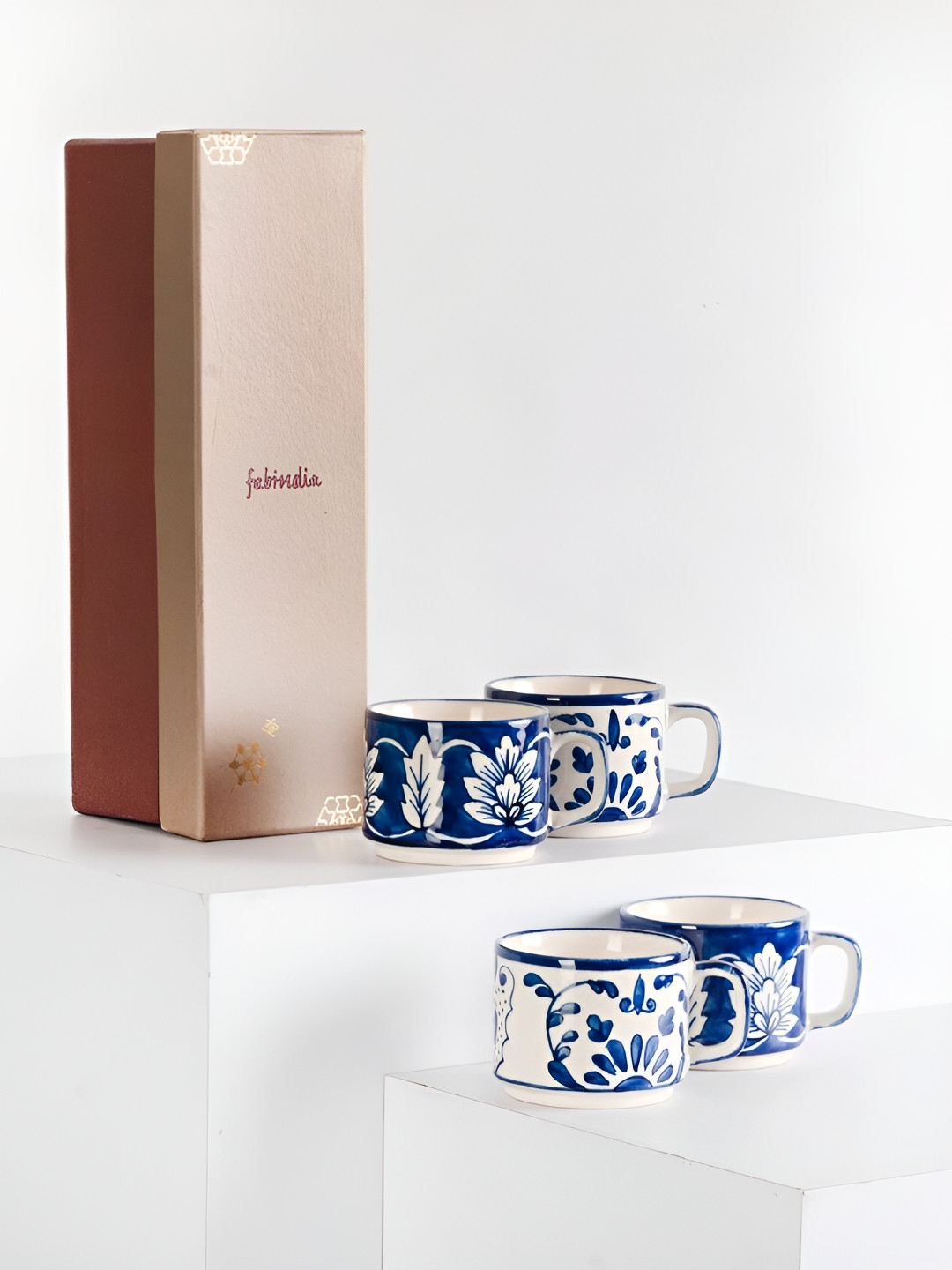 Fabindia Hubby Blue Floral Ceramic Handmade 4 Piece Mugs-150ml