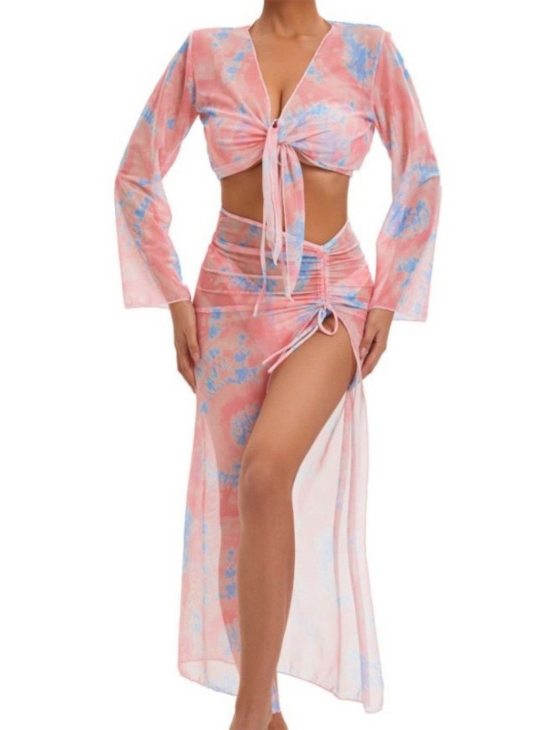 Addery Floral Printed V-Neck Semi Sheer Crop Swimwear Cover Up Set