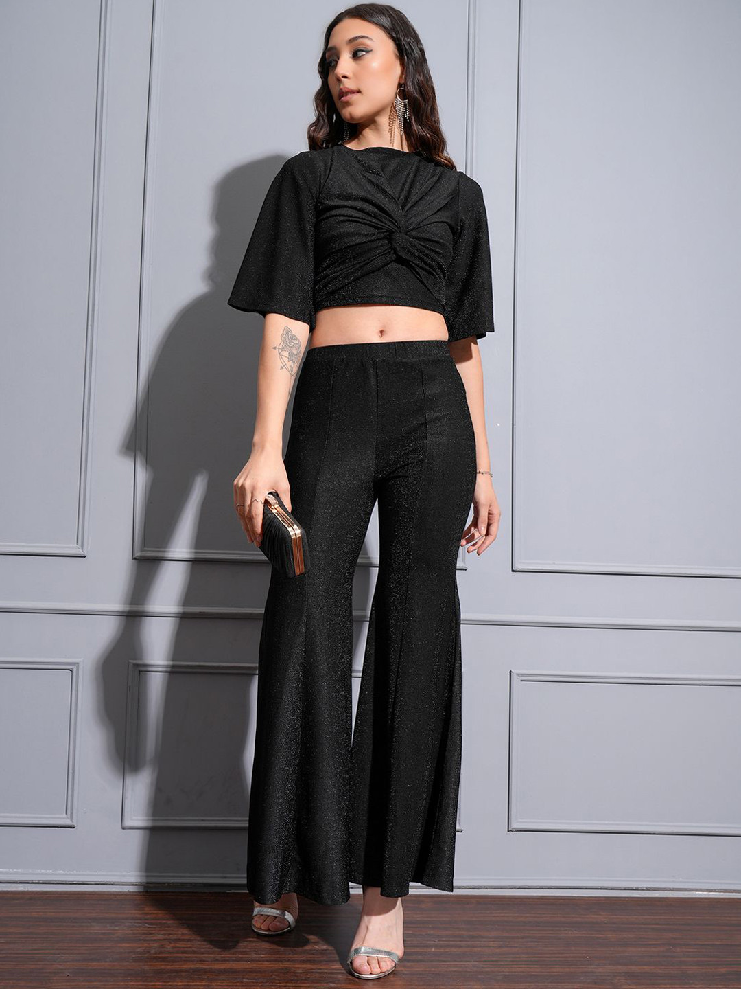 Tokyo Talkies Shimmery Knotted Crop Top & Flared Trousers Co-Ords