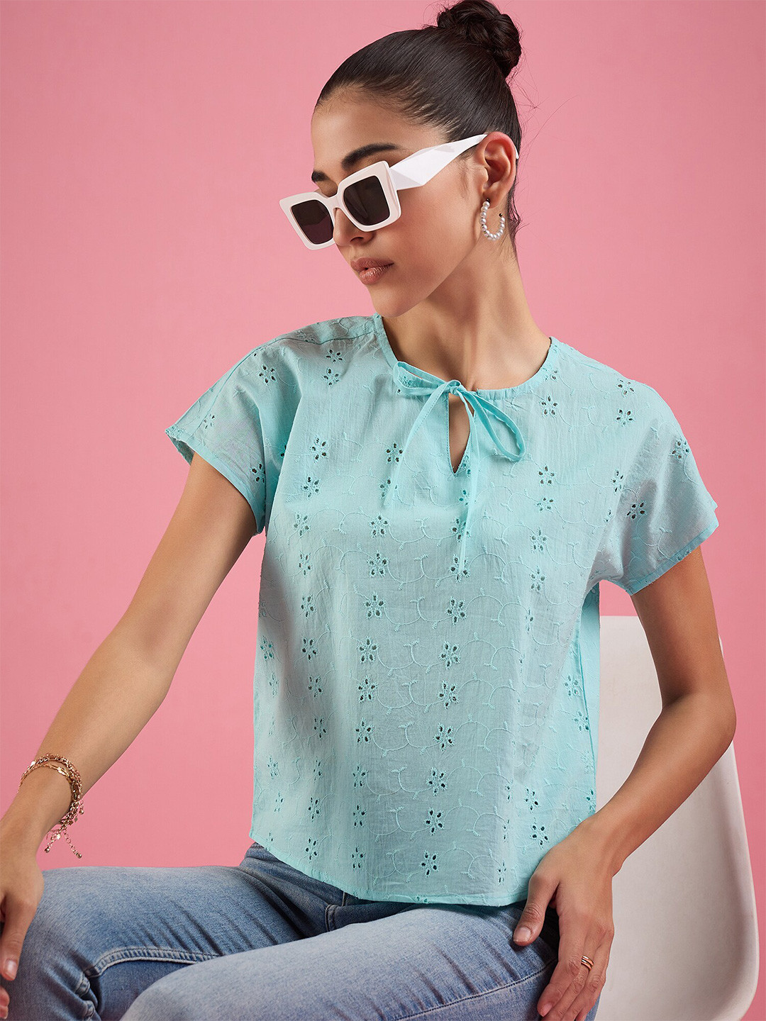 DressBerry Spring Blossoms Women Schiffli Pure Cotton Tie-Up Neck Extended Sleeves Top