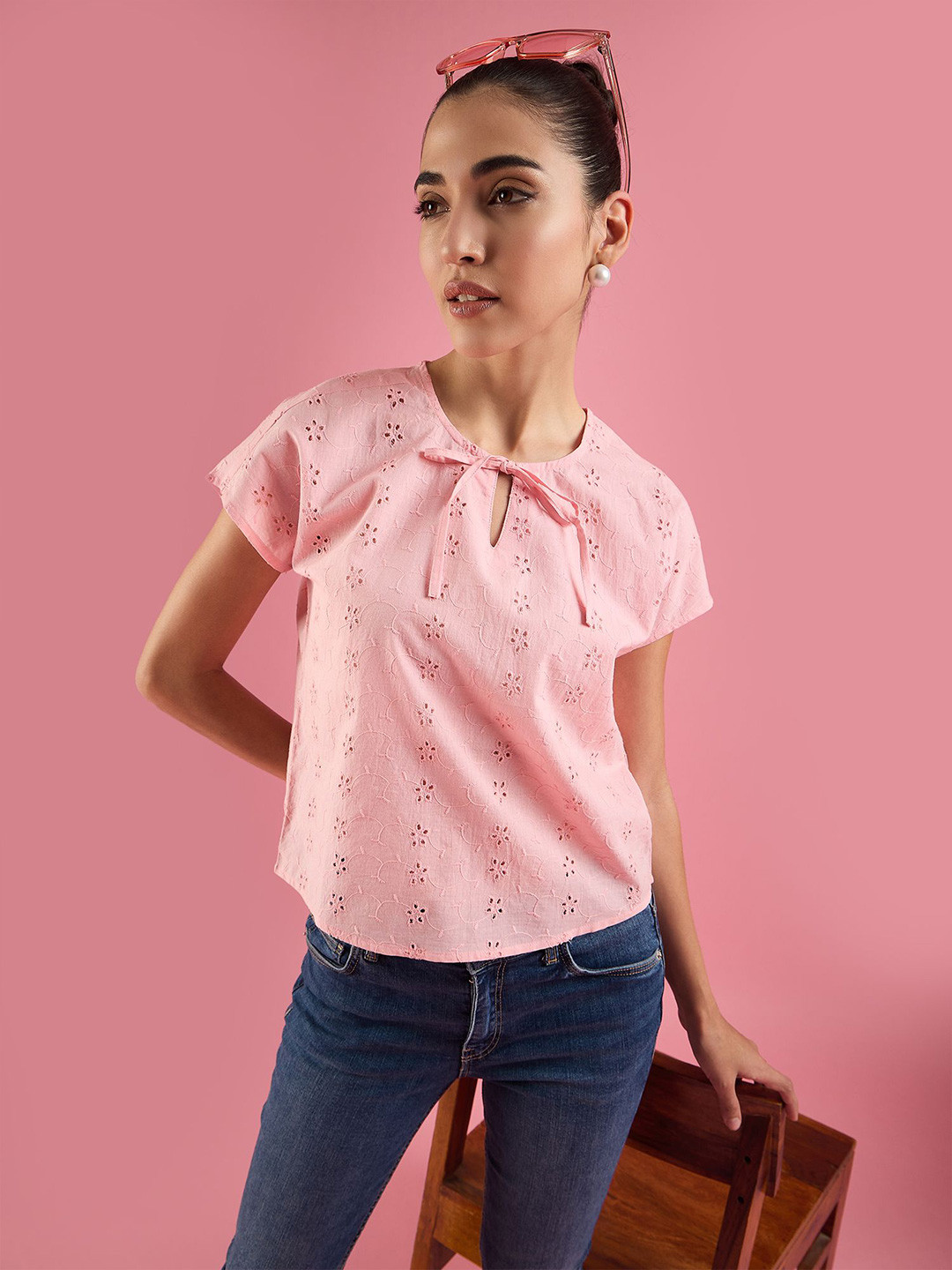 DressBerry Spring Blossoms  Women Tie-Up Neck Extended Sleeves Schiffli Cotton Regular Top