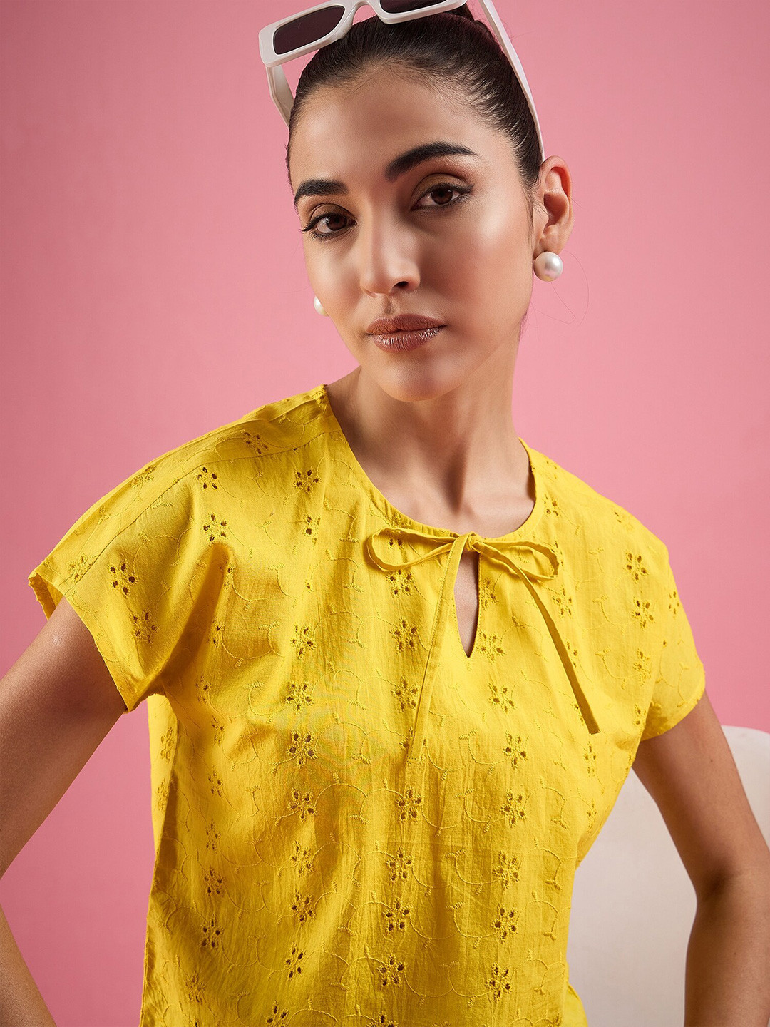 DressBerry Spring Blossoms Women Schiffli Pure Cotton Tie-Up Neck Extended Sleeves Top