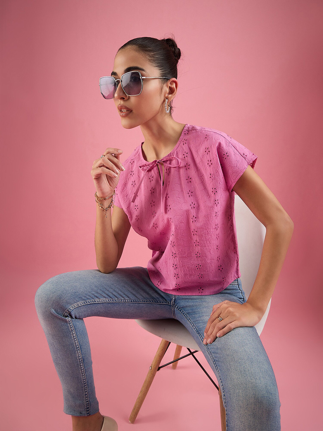 DressBerry Spring Blossoms Women Schiffli Pure Cotton Tie-Up Neck Extended Sleeves Top