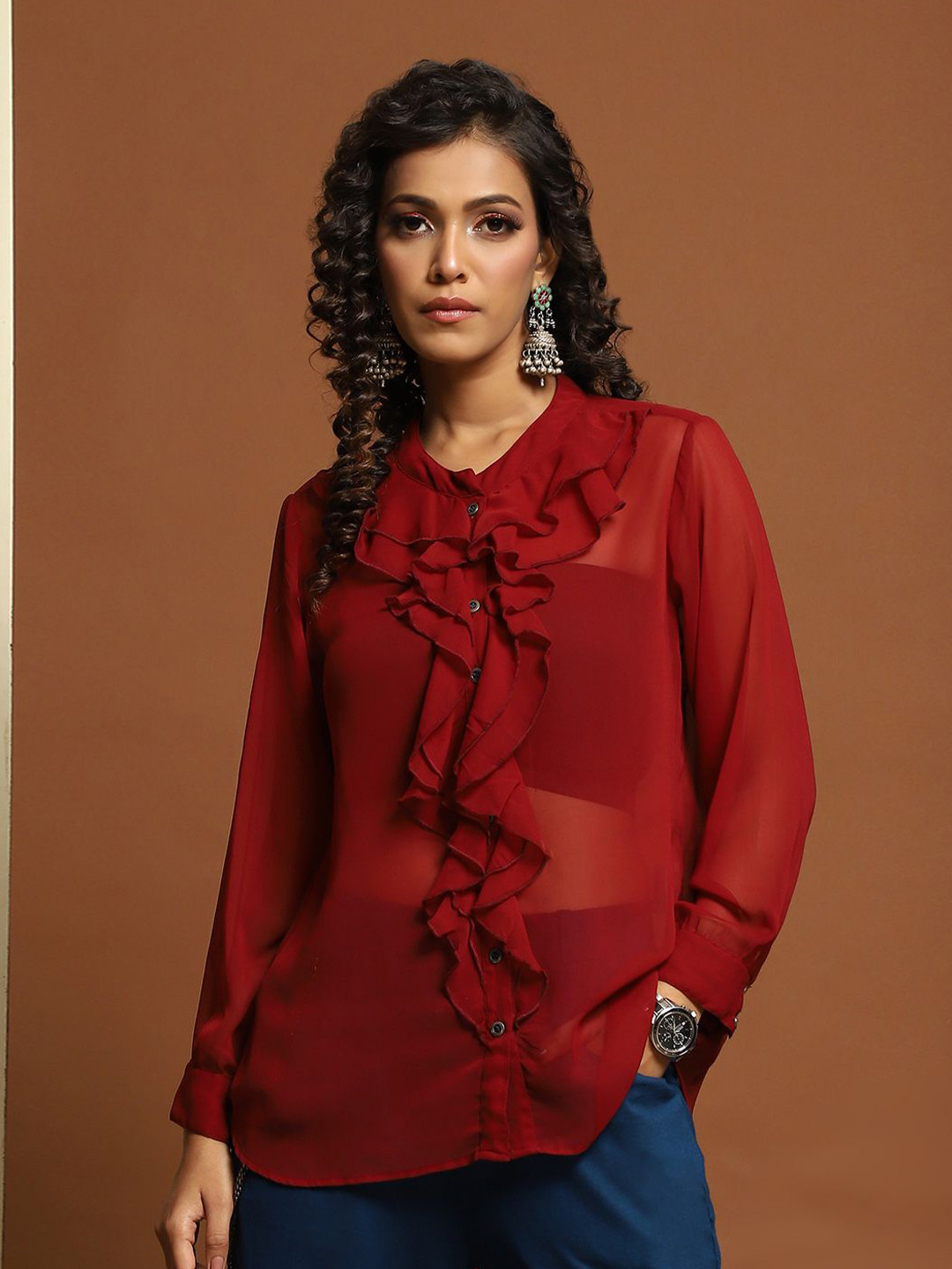 Baawri Women Semi Sheer Ruffles Top