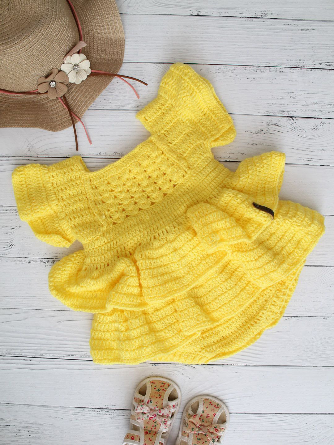 Woonie Infant Girls Knitted Crochet Frill Frock Romper