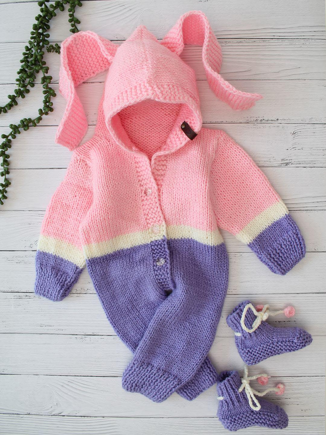 Woonie Infants Colourblocked Crochet Hooded Rompers With Booties