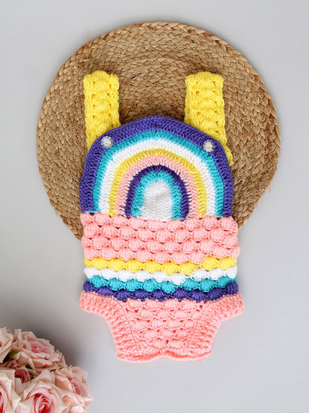WOONIE  Infant Girls Crochet Rainbow Design Pure Cotton Rompers