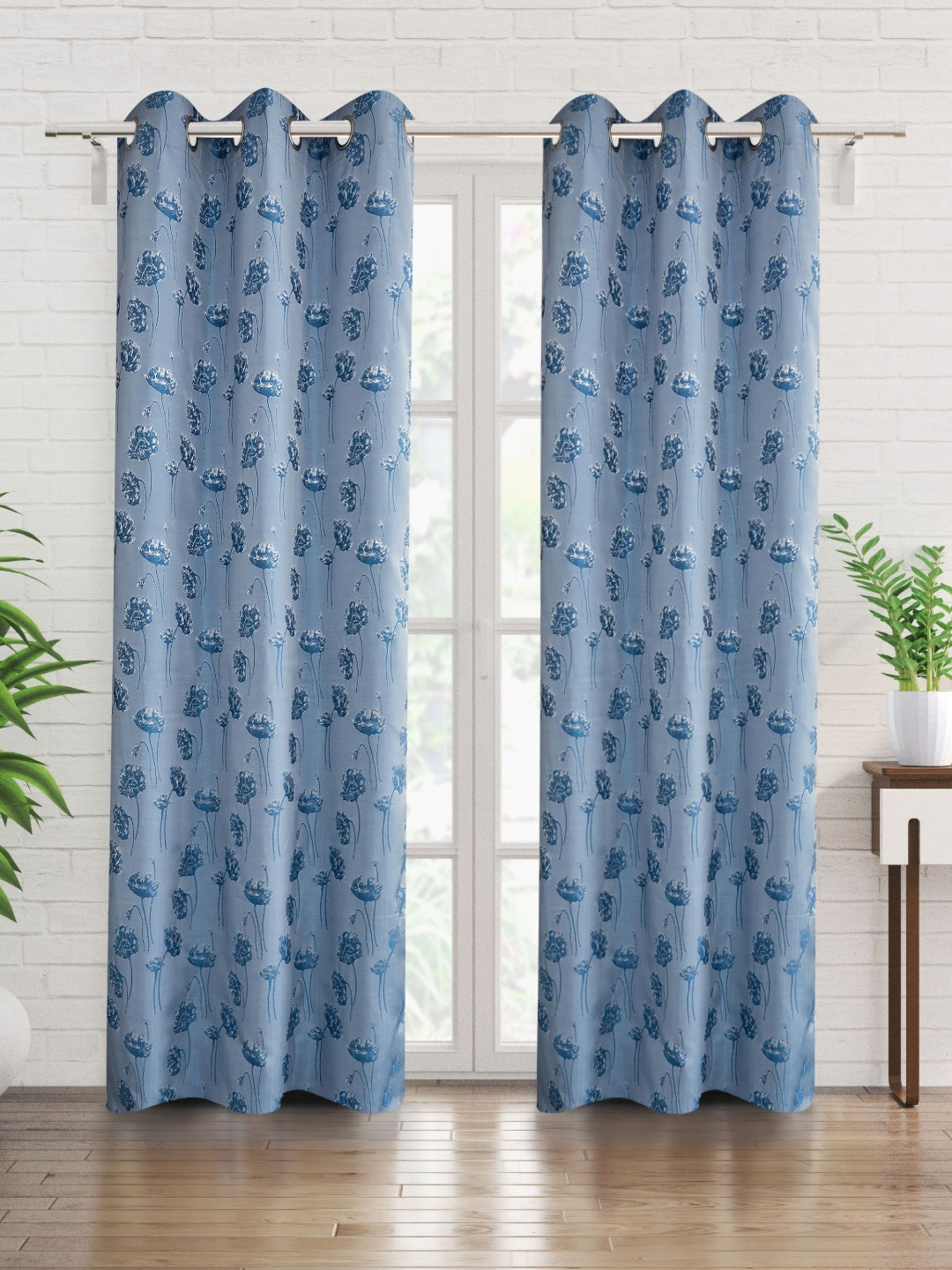 Home Centre Blue & White Set of 2 Floral Door Curtain