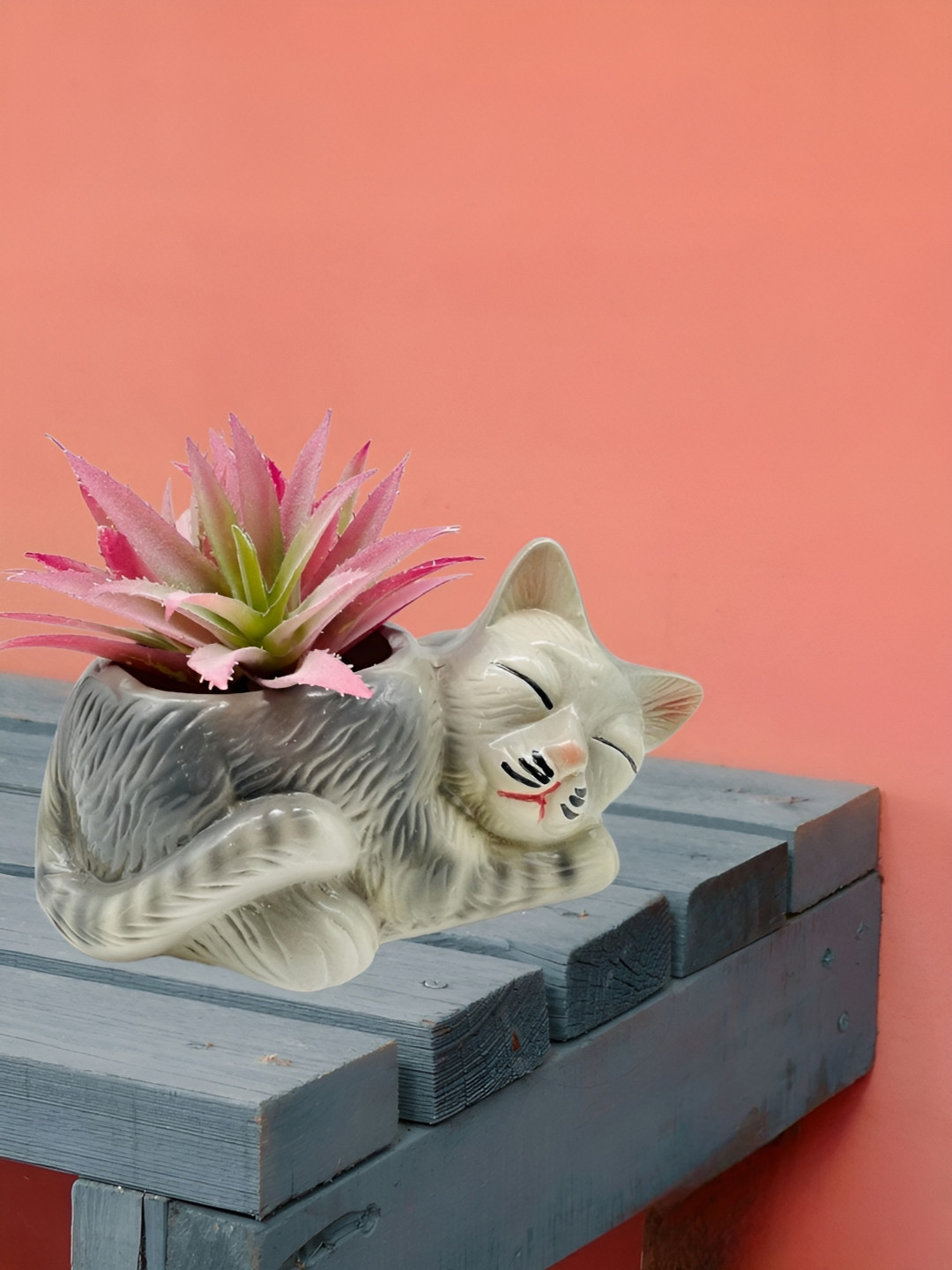 Garden Deco Grey Cute Cat Ceramic Pot