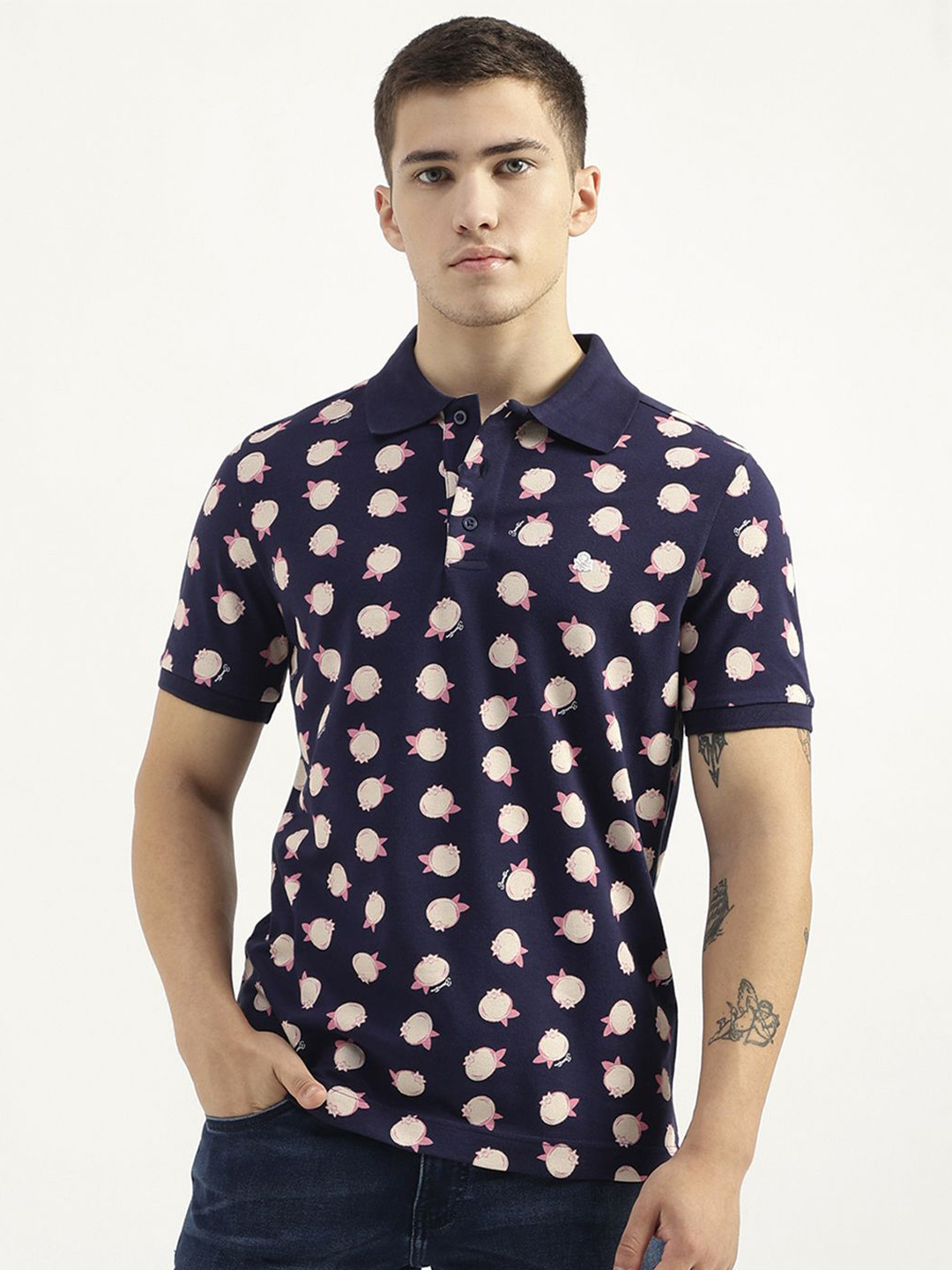 United Colors of Benetton Men Polka Dot Printed Polo Collar Pure Cotton Pockets T-shirt