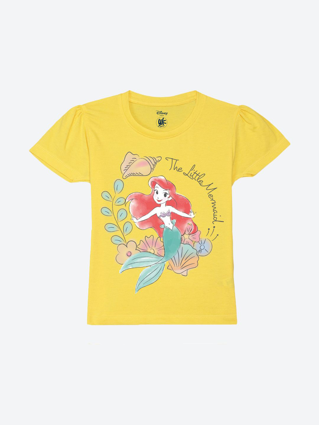 YK Disney Girls Disney Little Mermaid Printed Pure Cotton Round Neck Applique T-shirt