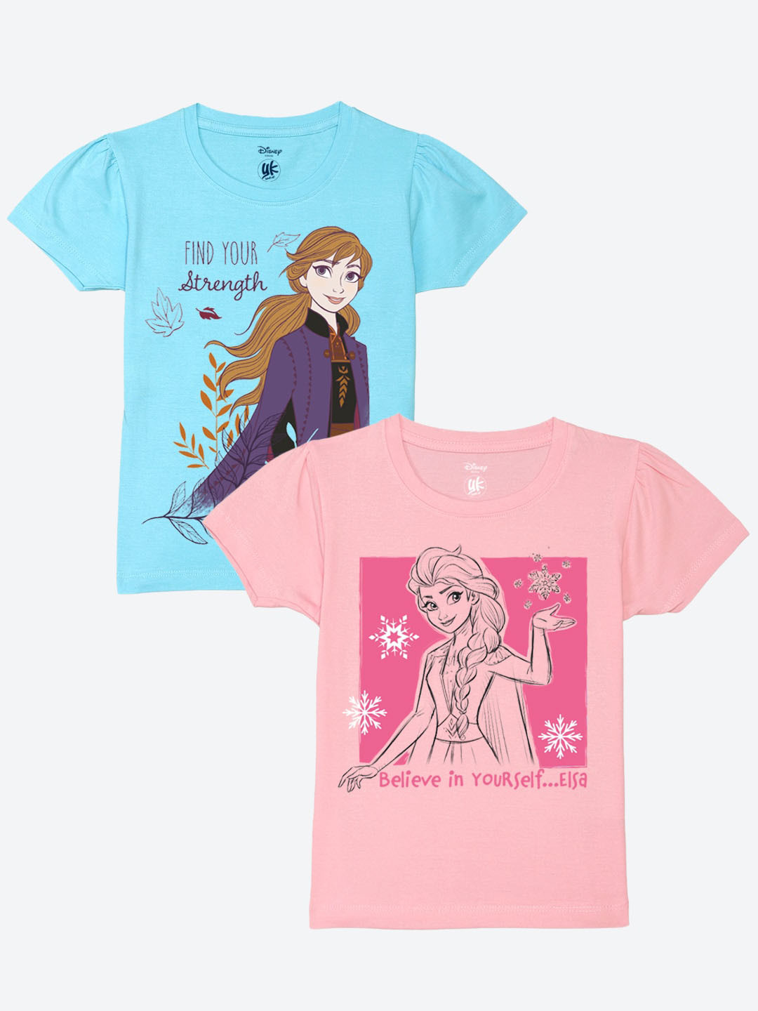 YK Disney Girls Pack of 2 Printed Pure Cotton Applique T-shirt