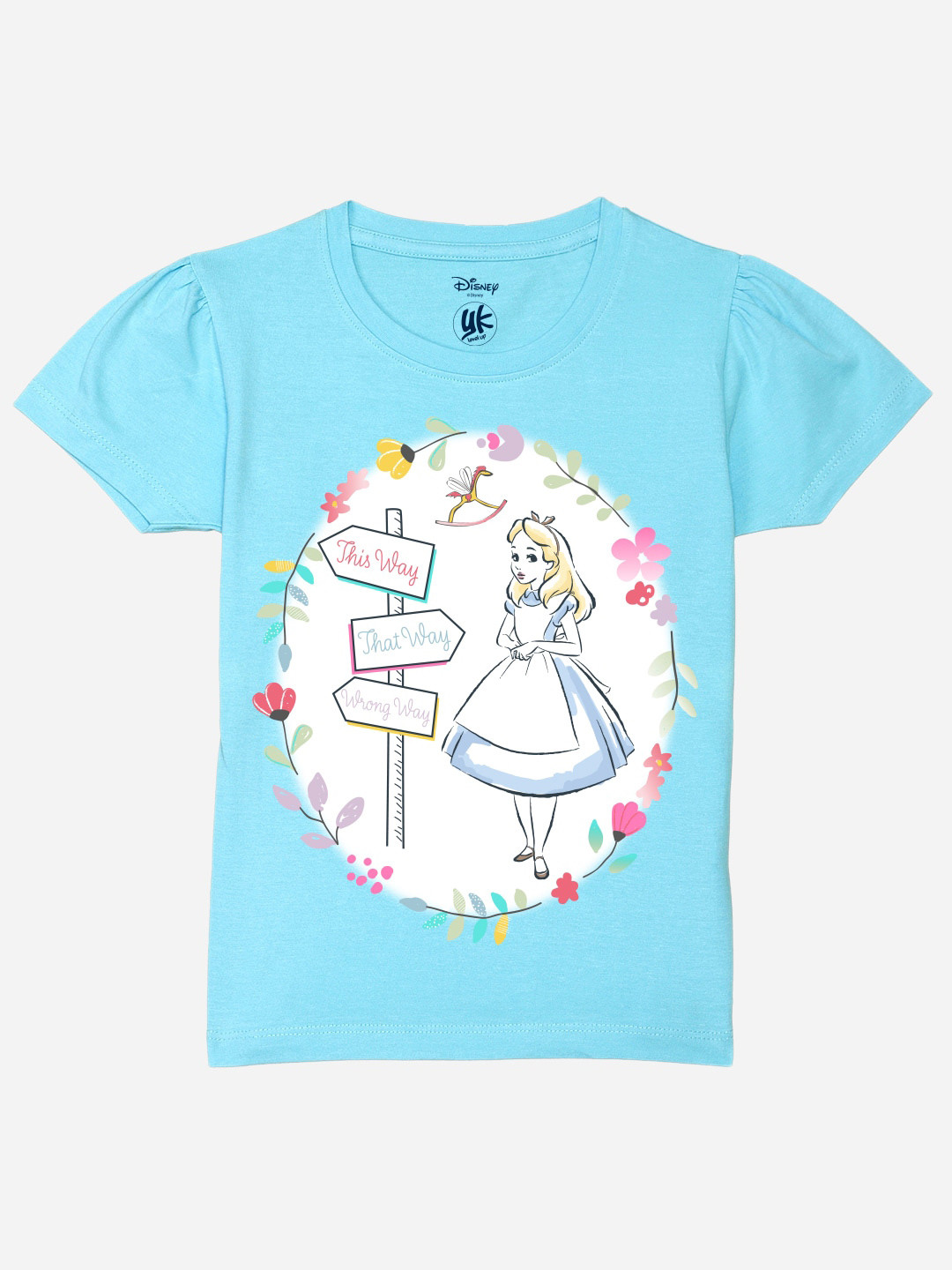 YK Disney Girls Alice in Wonderland Printed Pure Cotton Round Neck Applique T-shirt