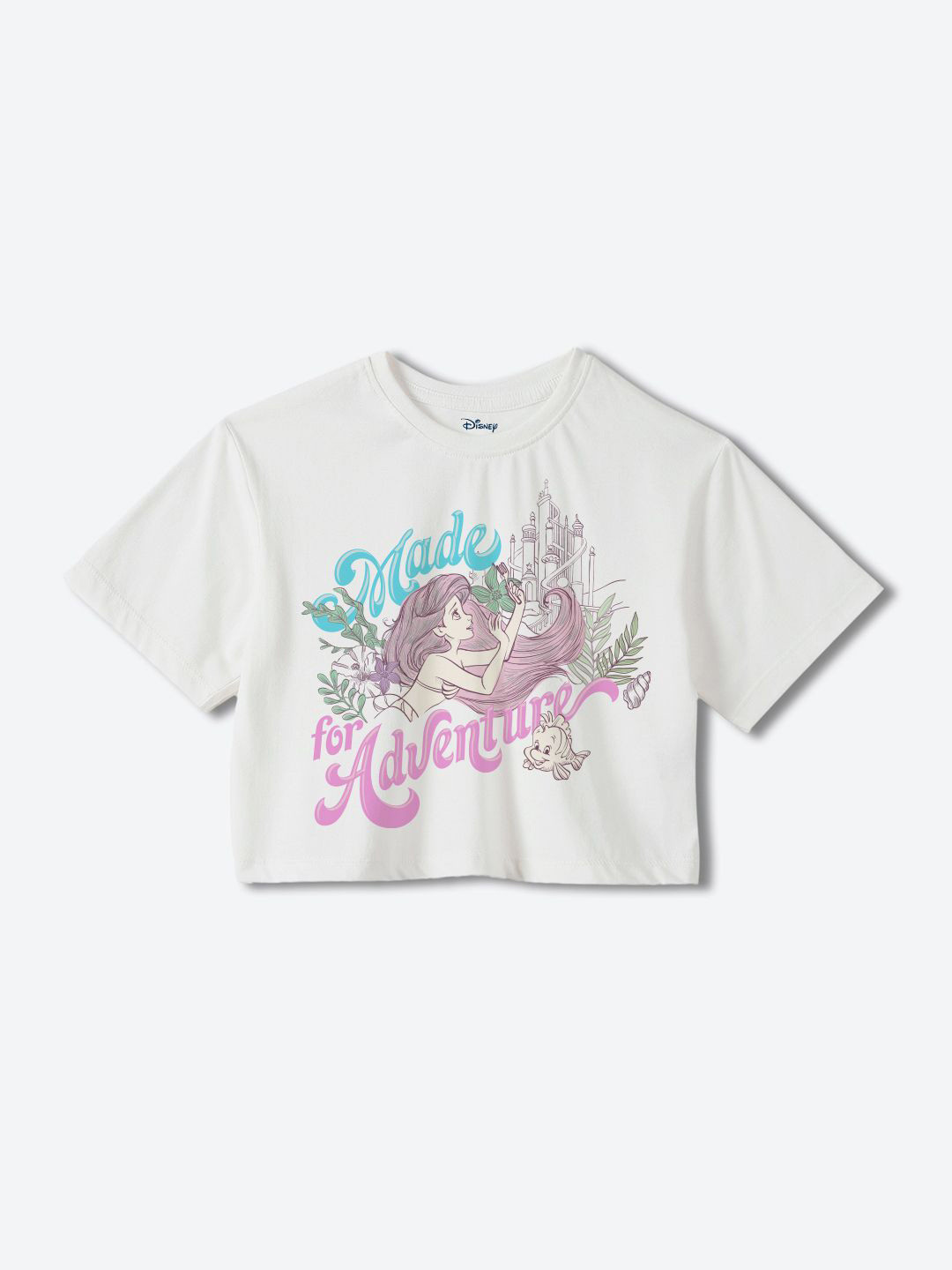 YK Disney Girls Little Mermaid Printed Pure Cotton Applique Boxy T-shirt
