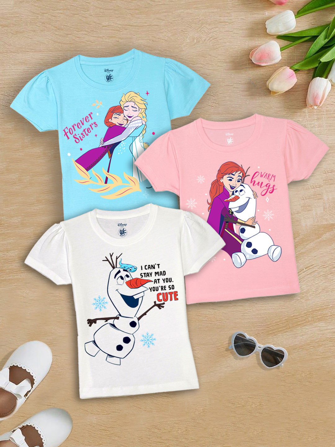 YK Disney Girls Pack of 3 Printed Round Neck Pure Cotton Applique T-shirt