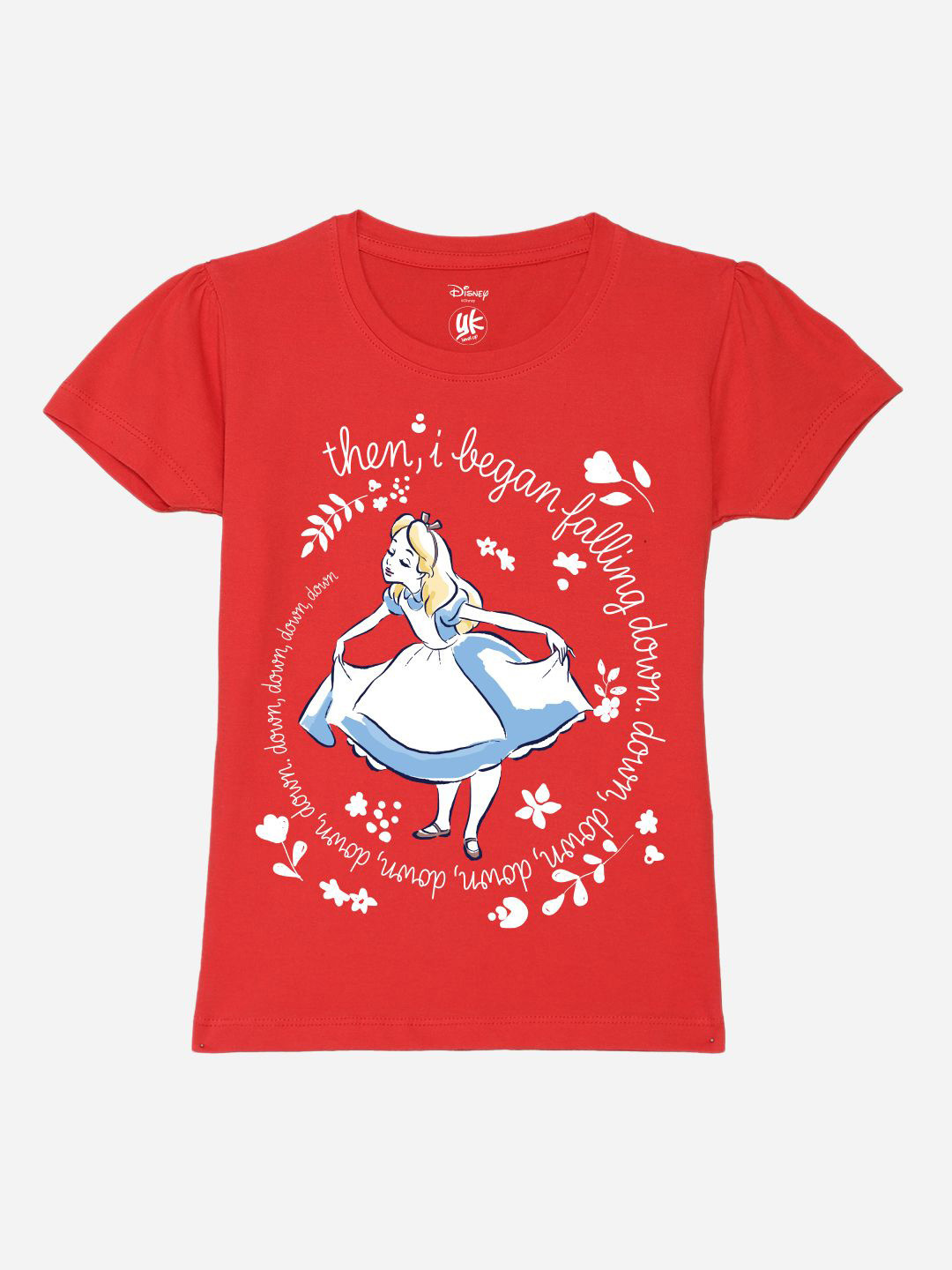 YK Disney Girls Alice in Wonderland Printed Round Neck Pure Cotton Applique T-shirt