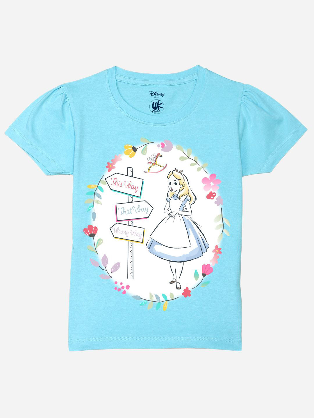 YK Disney Girls Alice in Wonderland Printed Pure Cotton Applique T-shirt