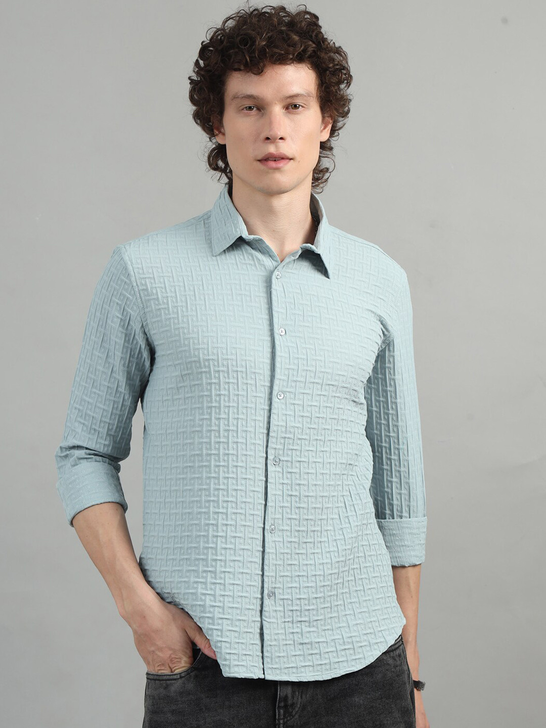 Bushirt Men Comfort Grid Tattersall Checks Semi Sheer Checked Casual Shirt