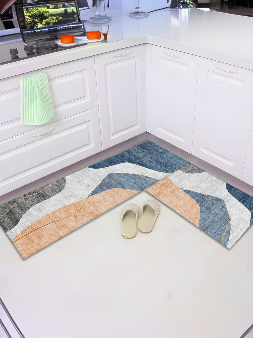 UMAI Grey & Blue 2 Pieces Geometric Printed Anti-Skid Door Mat Runner