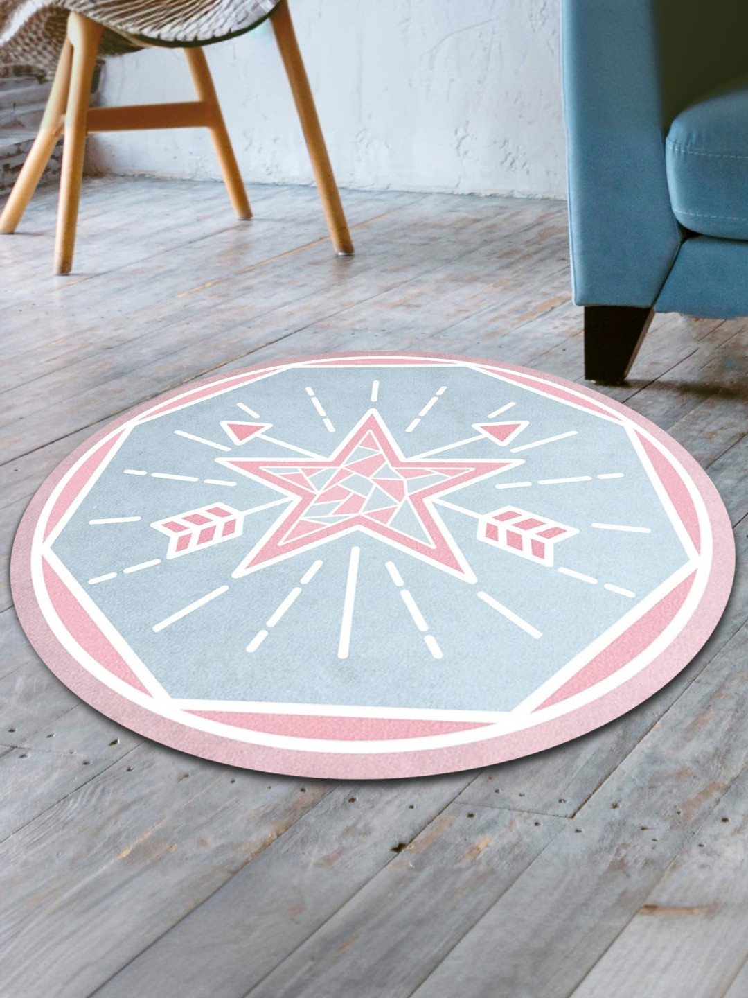 UMAI Blue & Pink Printed 300 GSM Anti Skid Round Bath Rugs