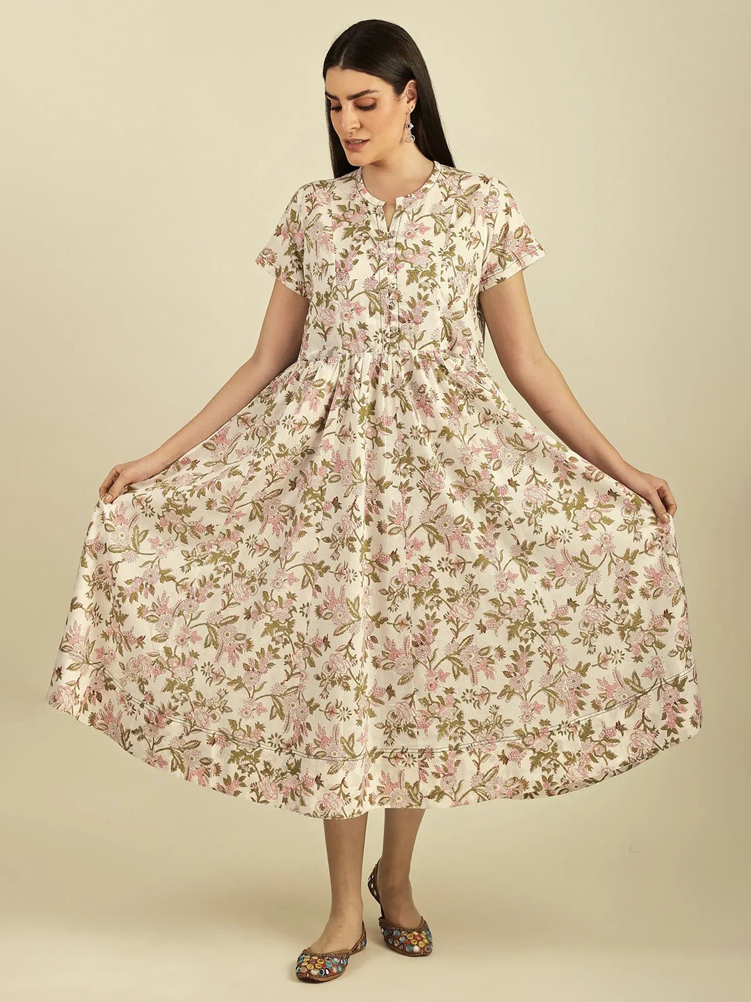 Exotic India Hand Printed Midi Fit & Flare Ethnic Dress