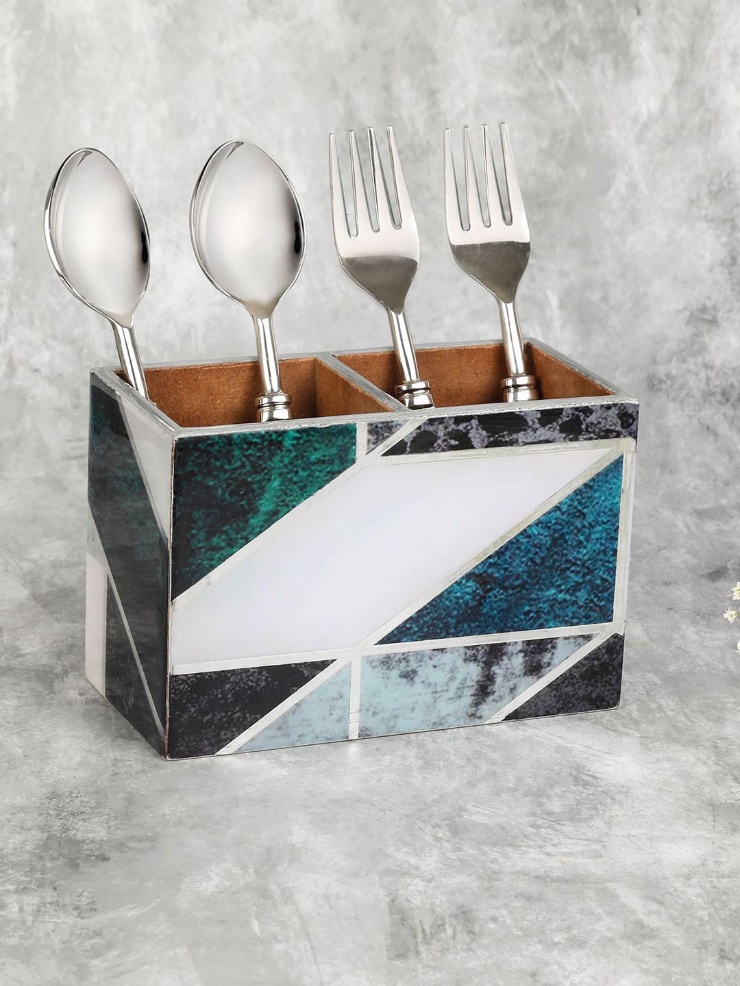 THE HOME CO. White & Green Printed Wooden Cutlery Holder